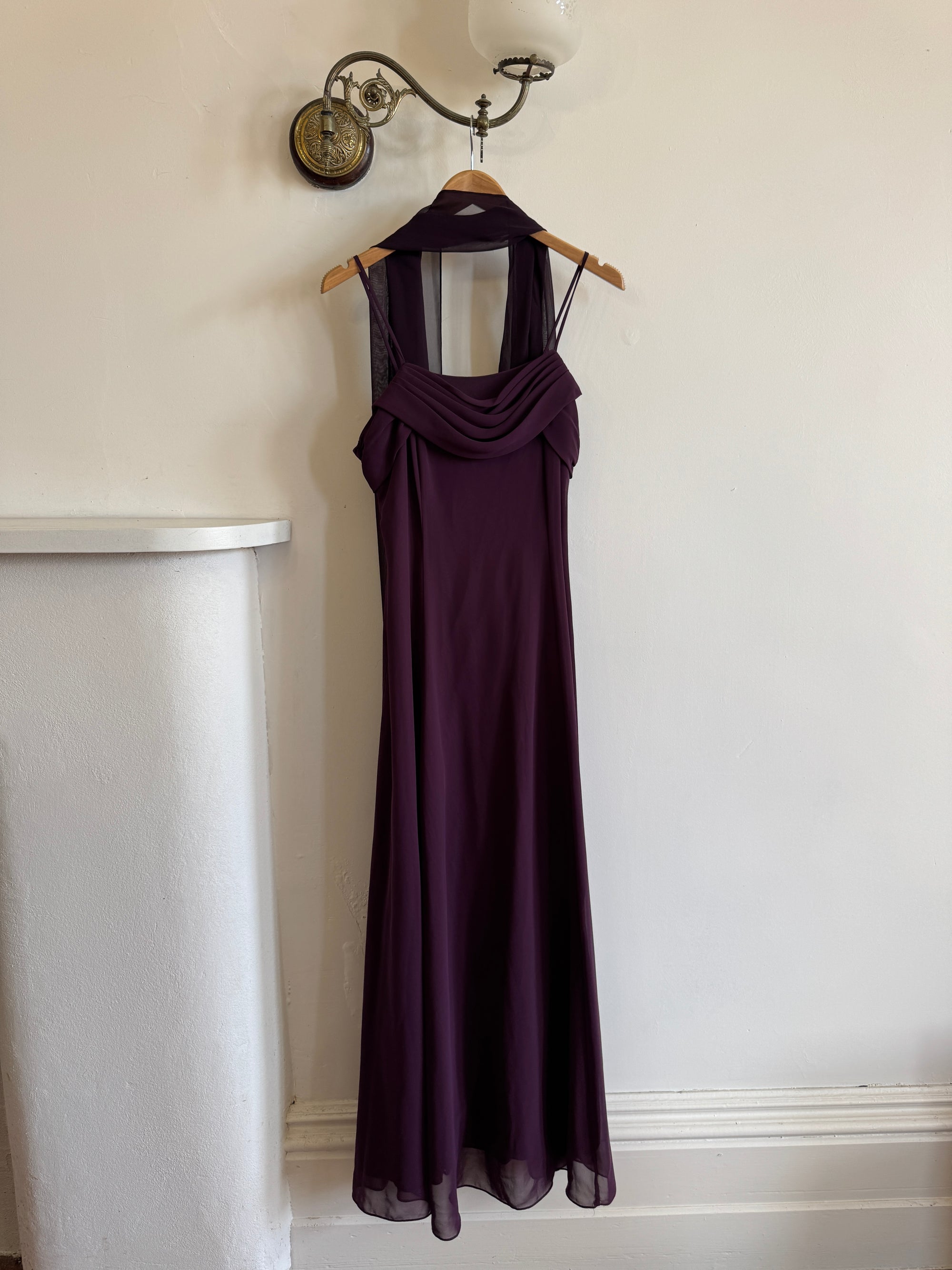 Vintage 90s Eggplant Cowl Neck Dress With Scarf