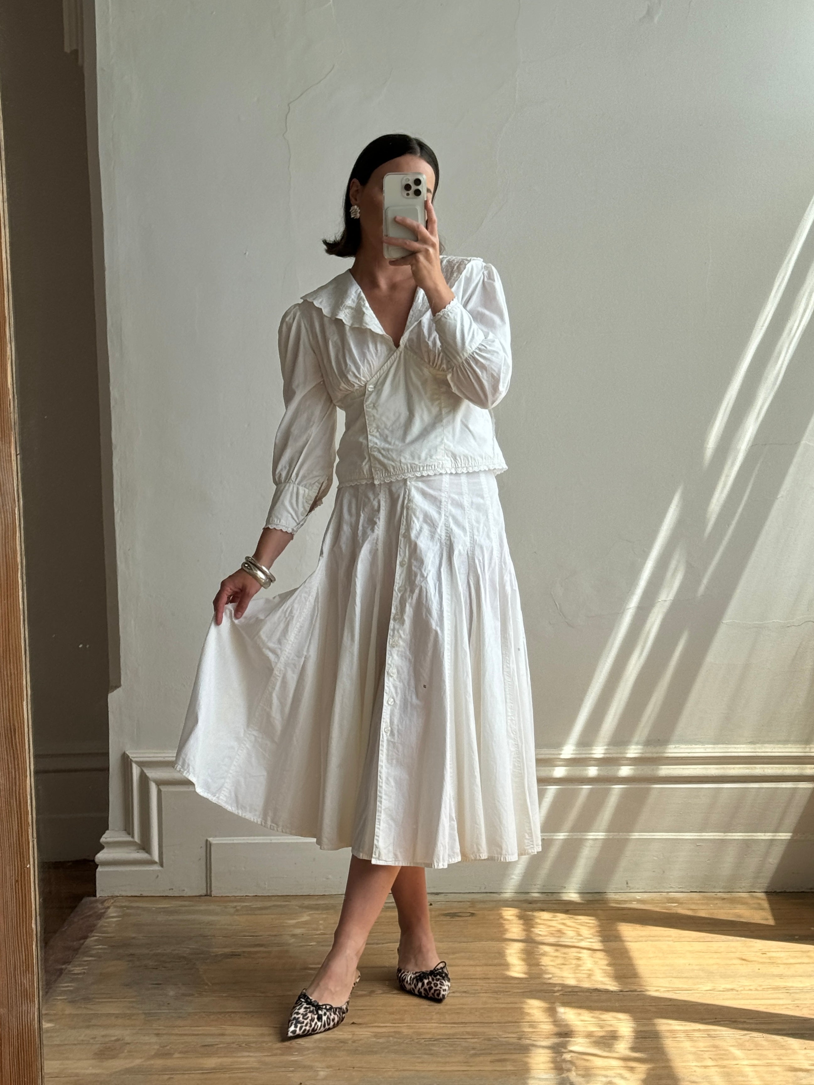 Vintage 80s Cotton Prairie Blouse and A Line Skirt Set