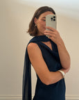 Vintage 90s Navy Cowl Neck Dress with Scarf
