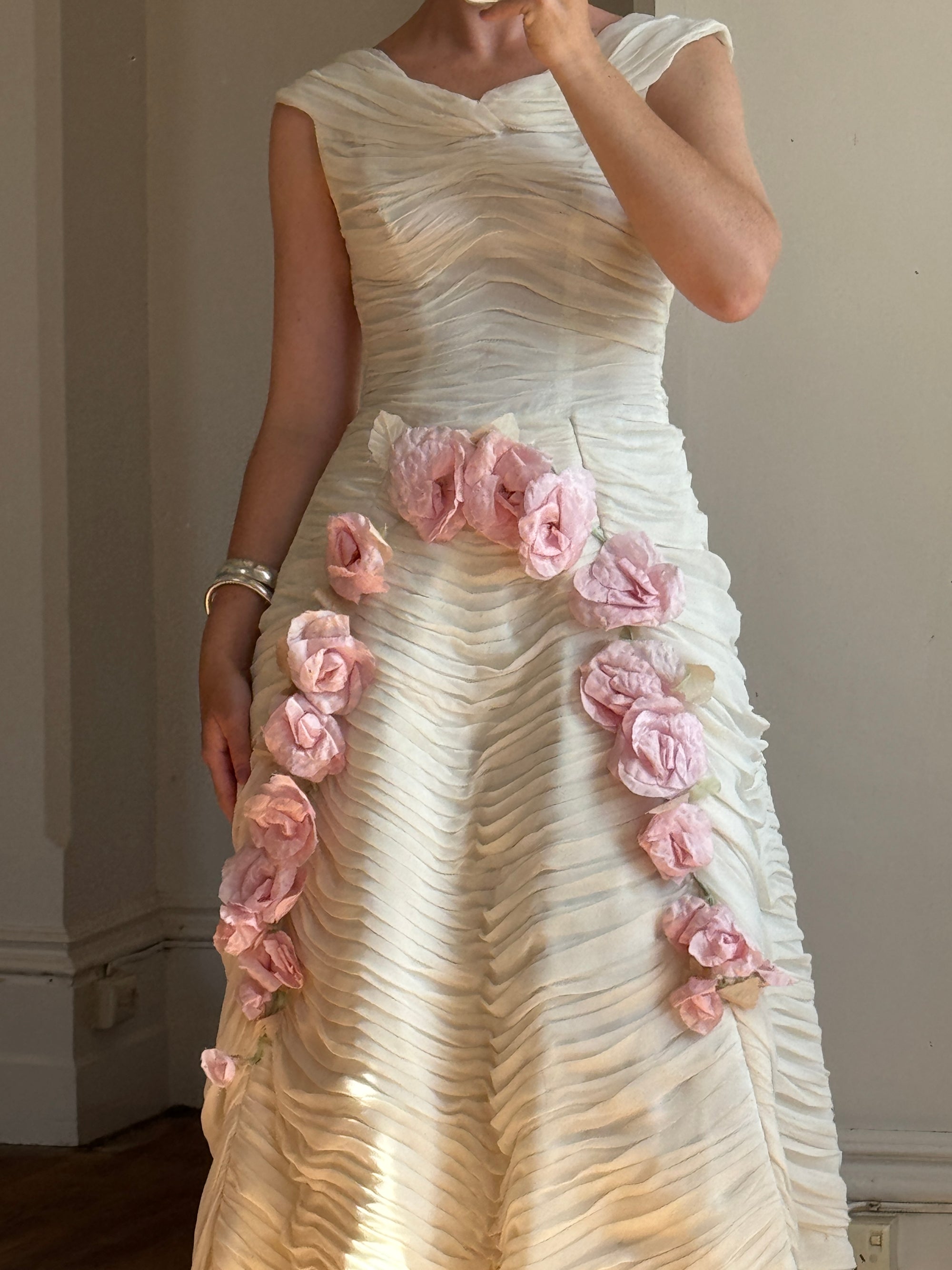 Vintage 60s Silk Pleated Wedding Gown with Pink Flowers