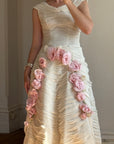 Vintage 60s Silk Pleated Wedding Gown with Pink Flowers