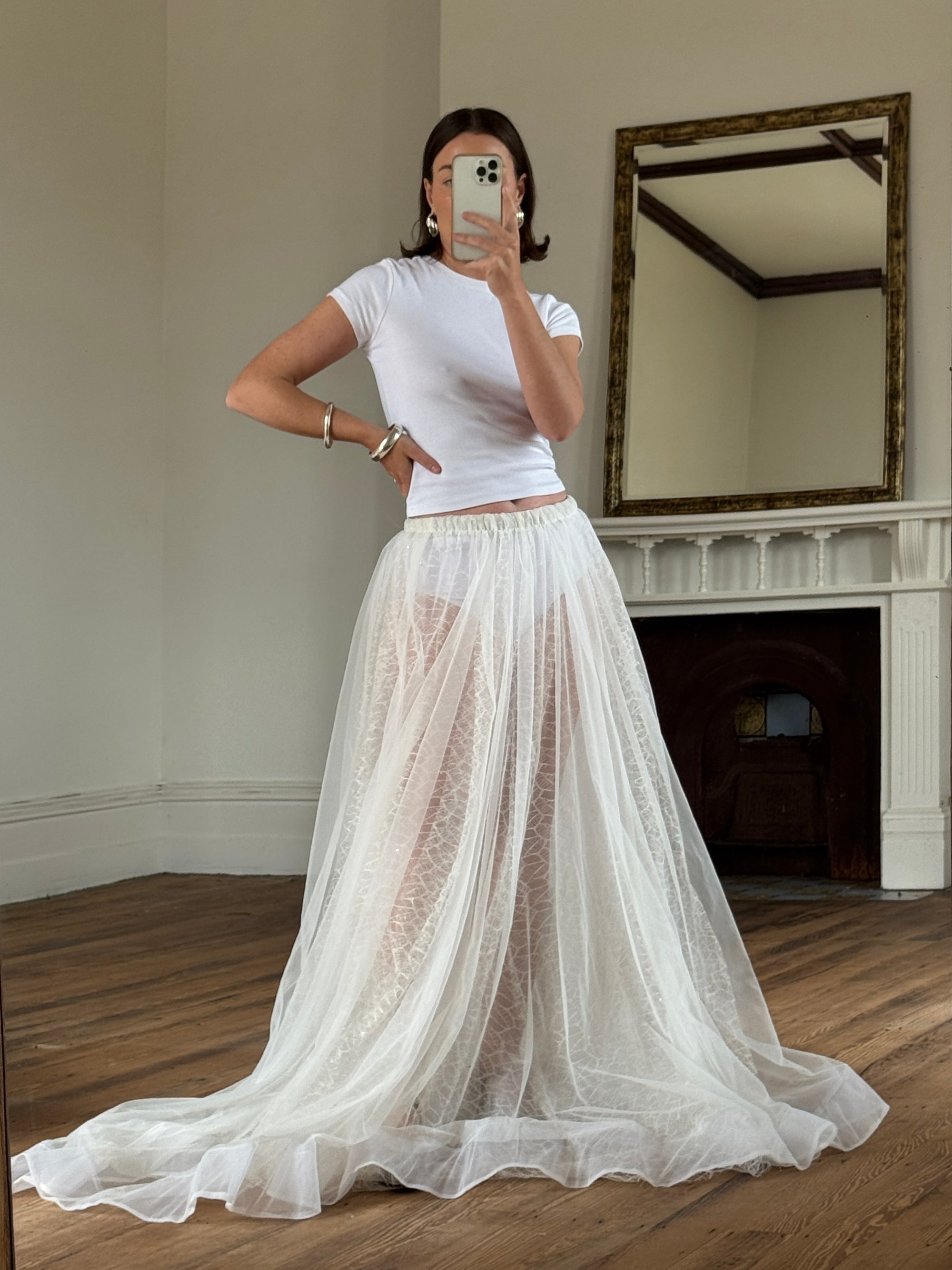 Vintage 80s Sheer Organza Webbed Lace Bridal Skirt