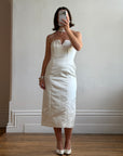 Vintage 90s Satin Strapless Bridal Midi With Neck Tie