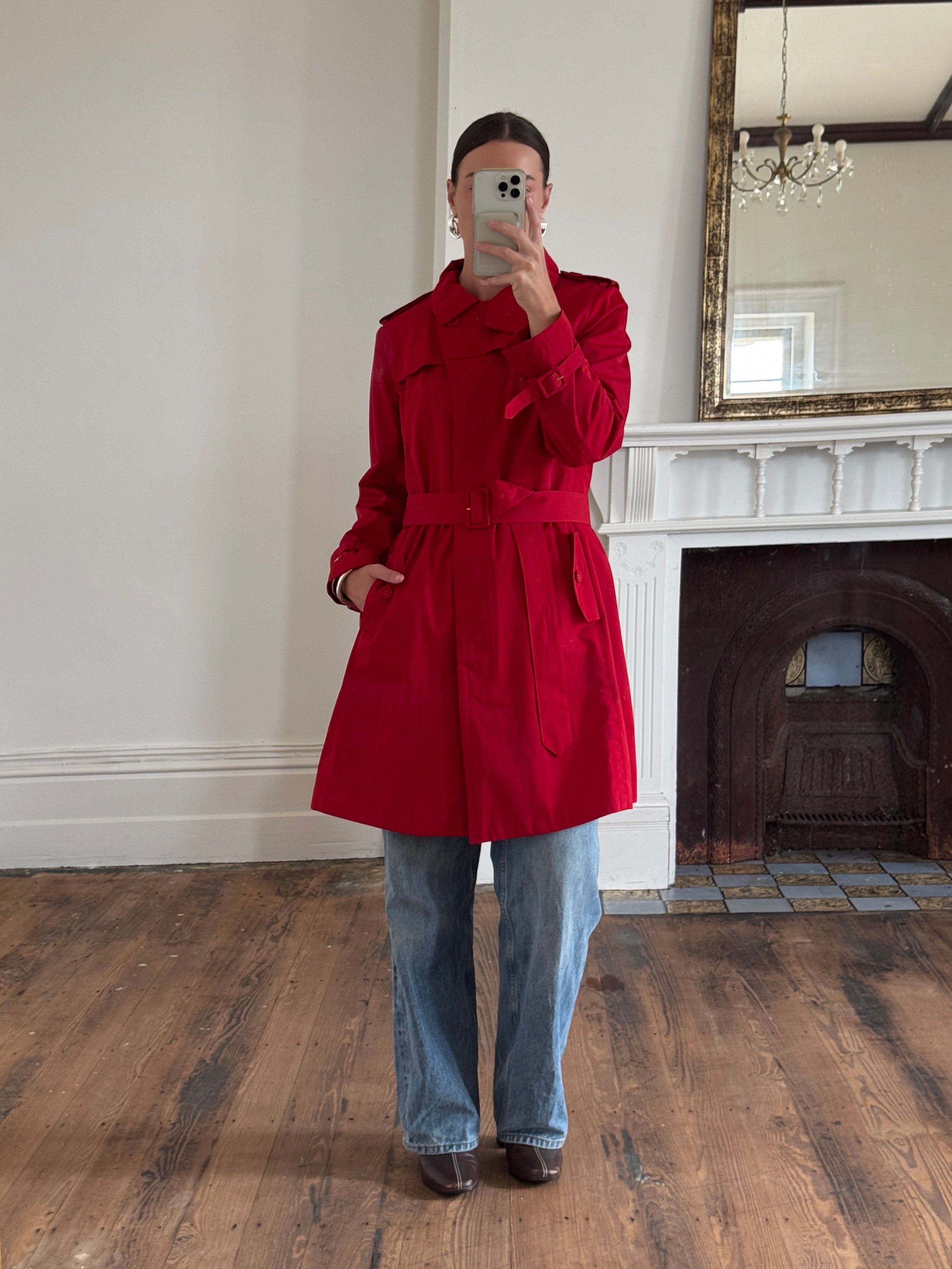 Vintage 90s Red Mid Length Trench Coat