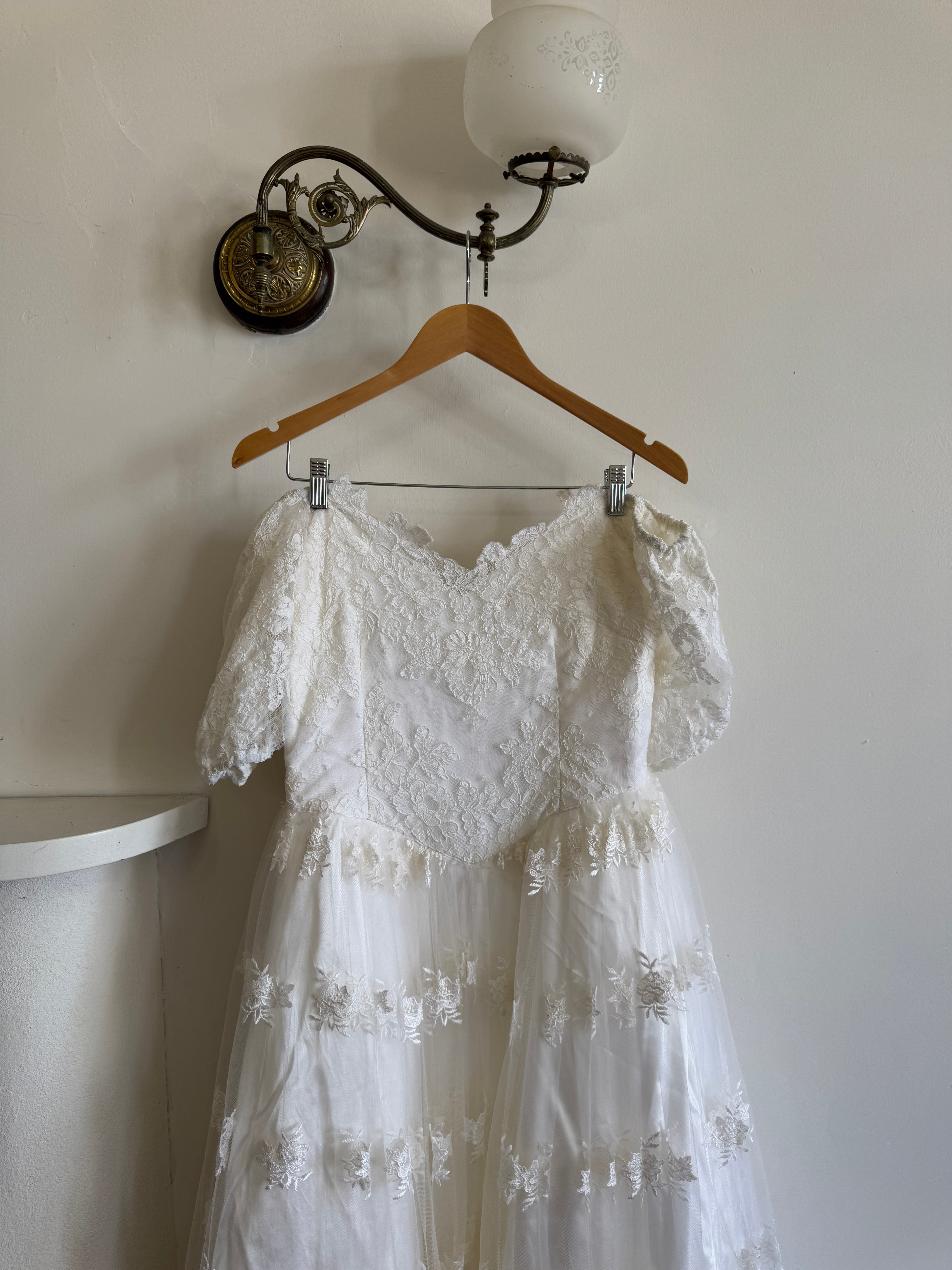 Vintage 80s Lace Off The Shoulder Tulle Wedding Gown