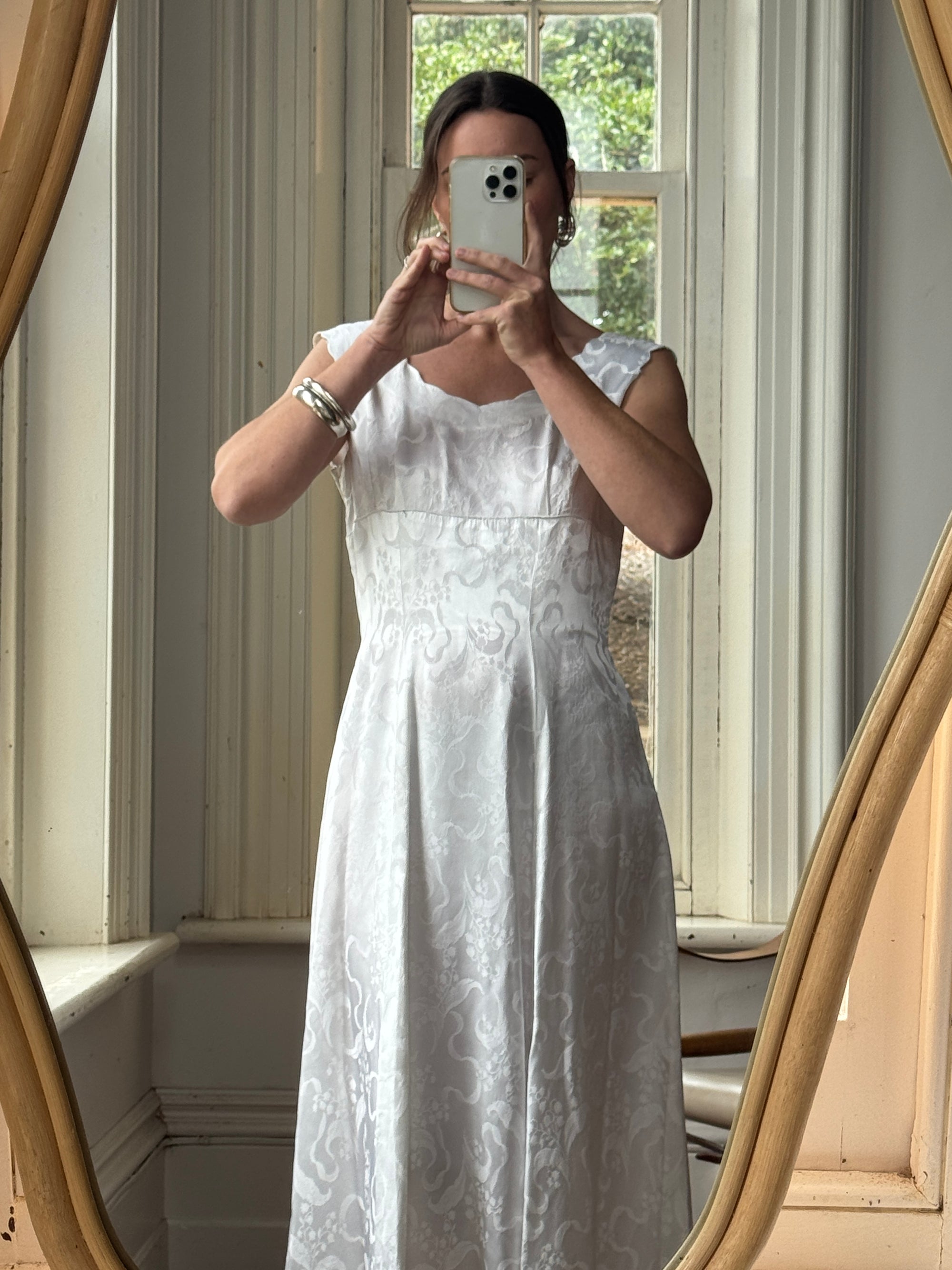 Vintage 50s Satin Jacquard Scalloped Bridal Dress