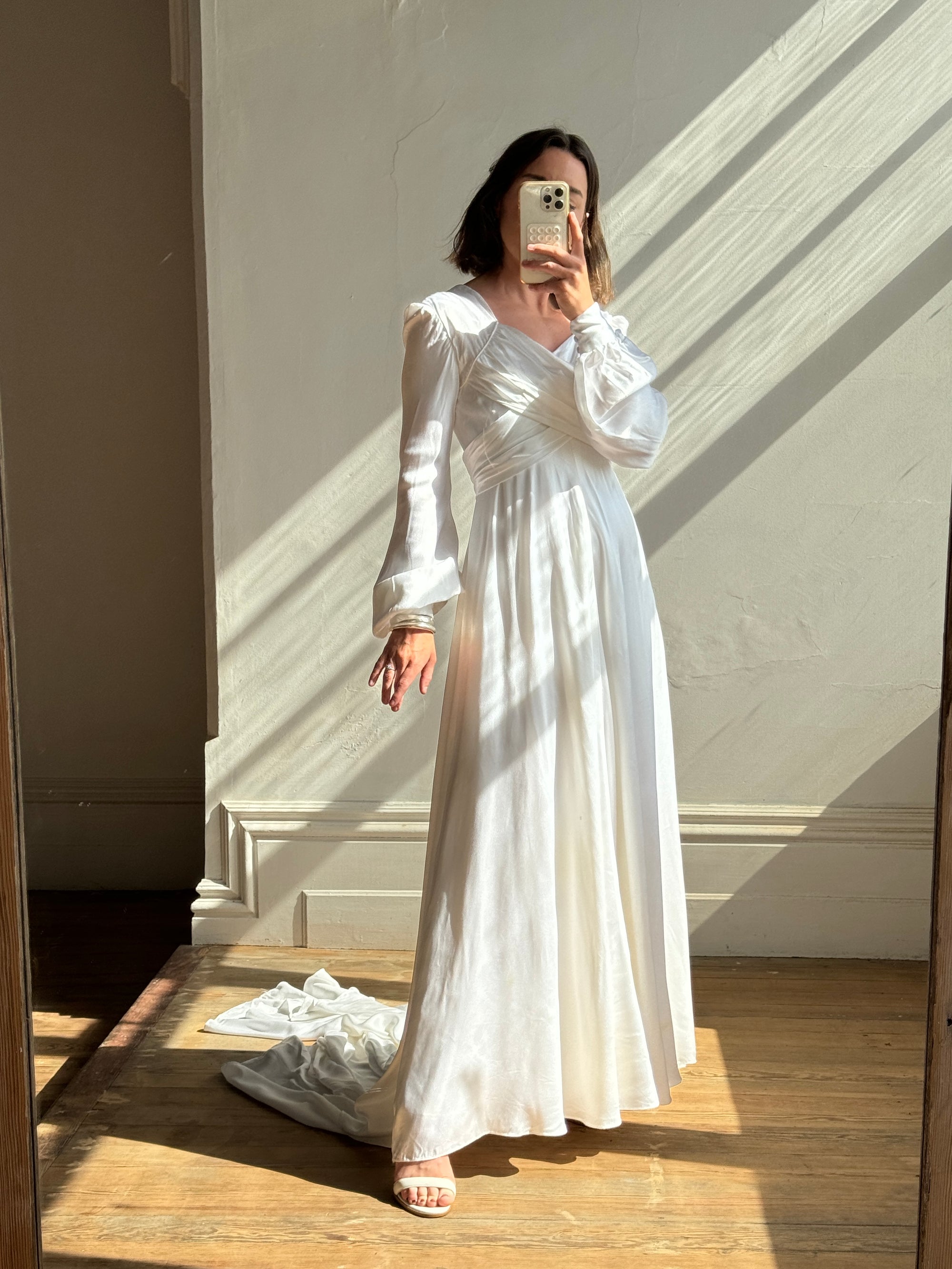 Vintage 60s Ivory Satin Draped Wedding Dress With Train