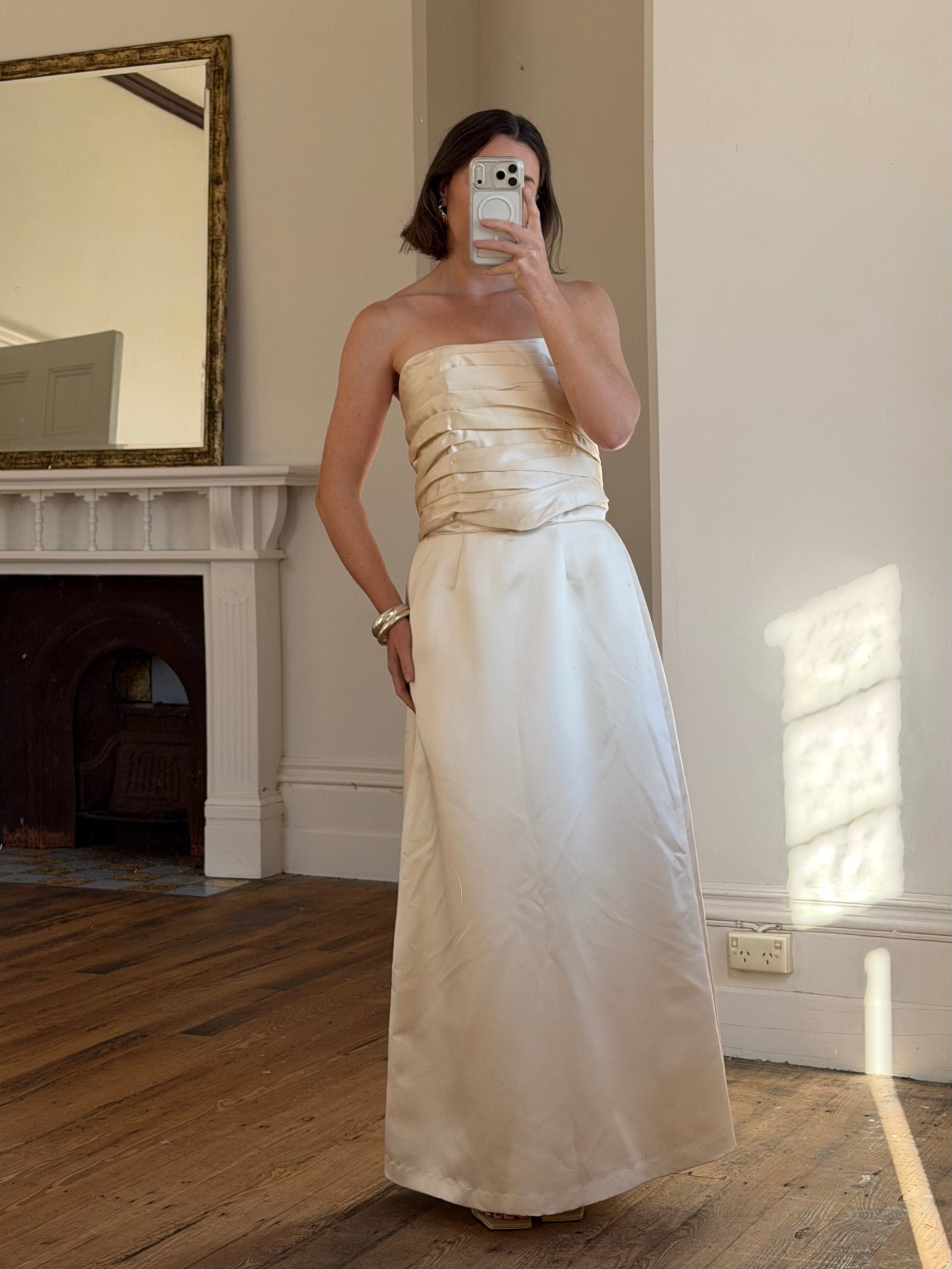 Vintage 90s Ruched Satin Two Piece Bridal Set Champagne