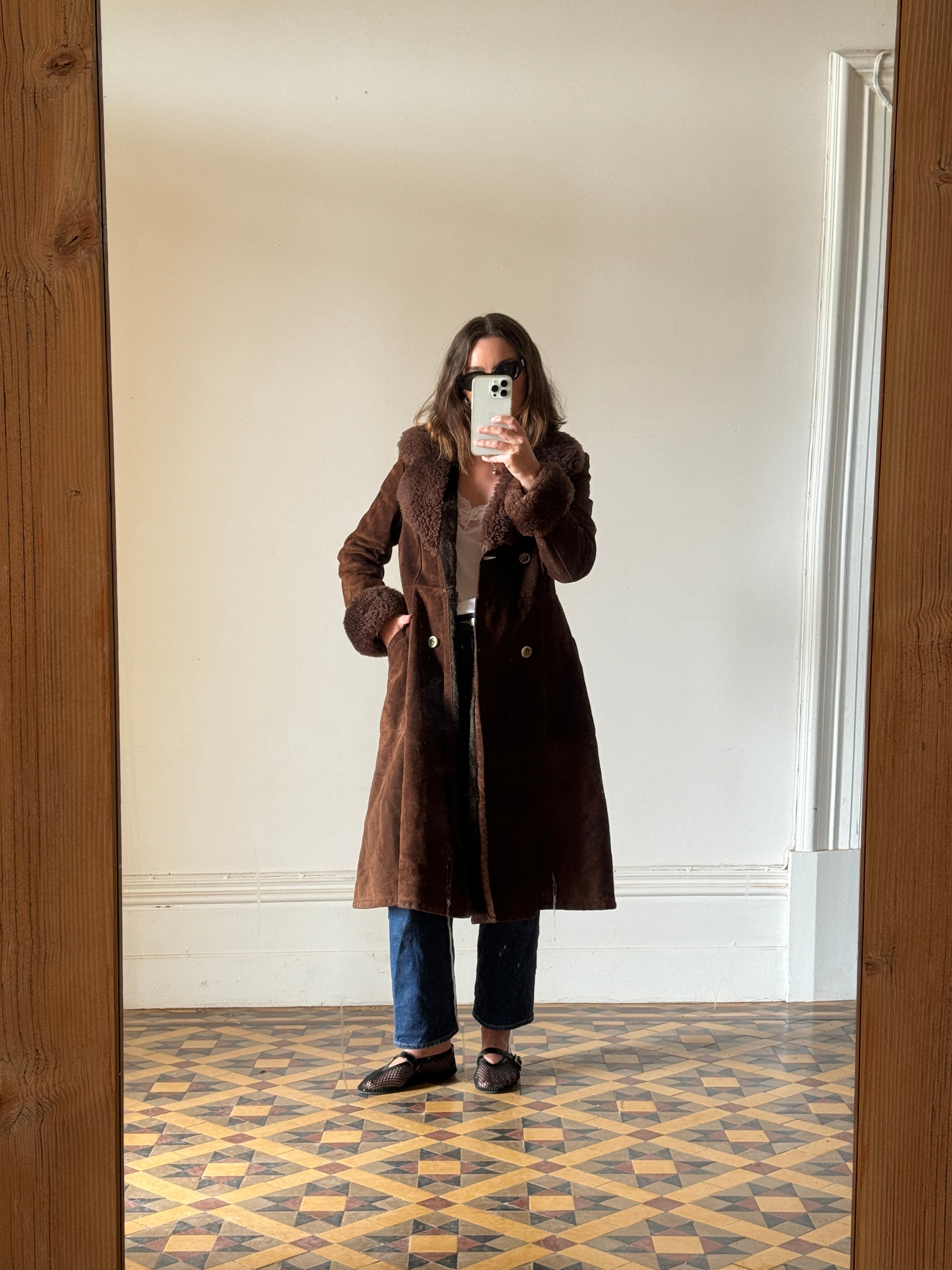 Vintage Suede Leather and Shearling Coat Chocolate Brown