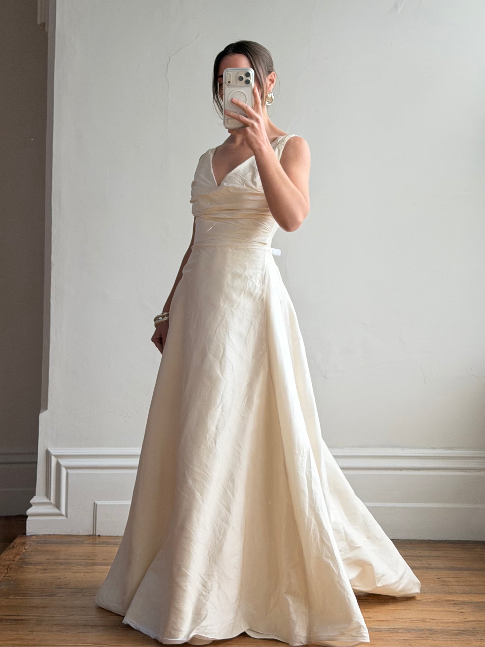 Vintage 90s Ivory Silk V-Neck A-Line Wedding Gown