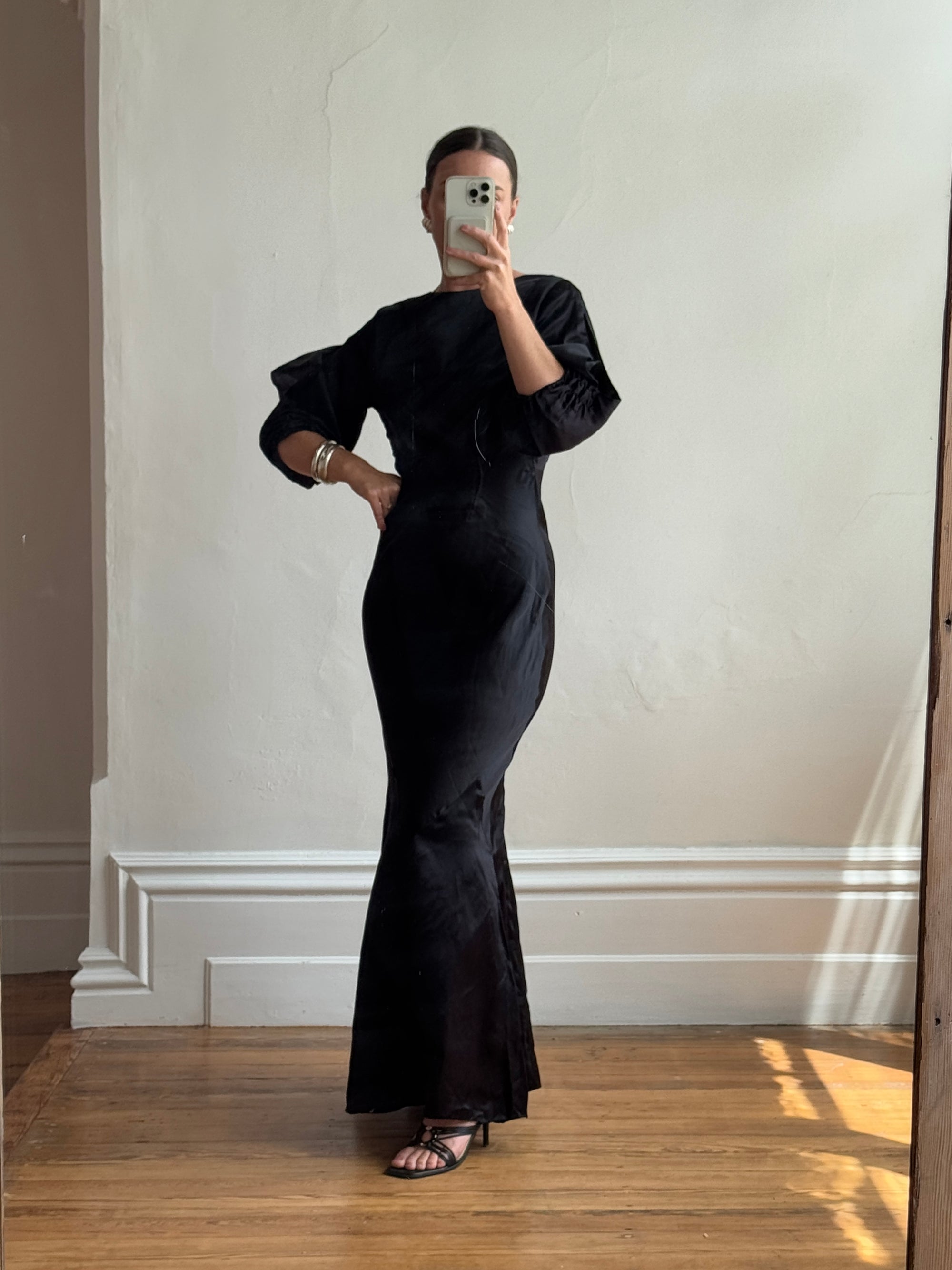 Vintage 30s Black Satin Backless ZigZag Fishtail Dress