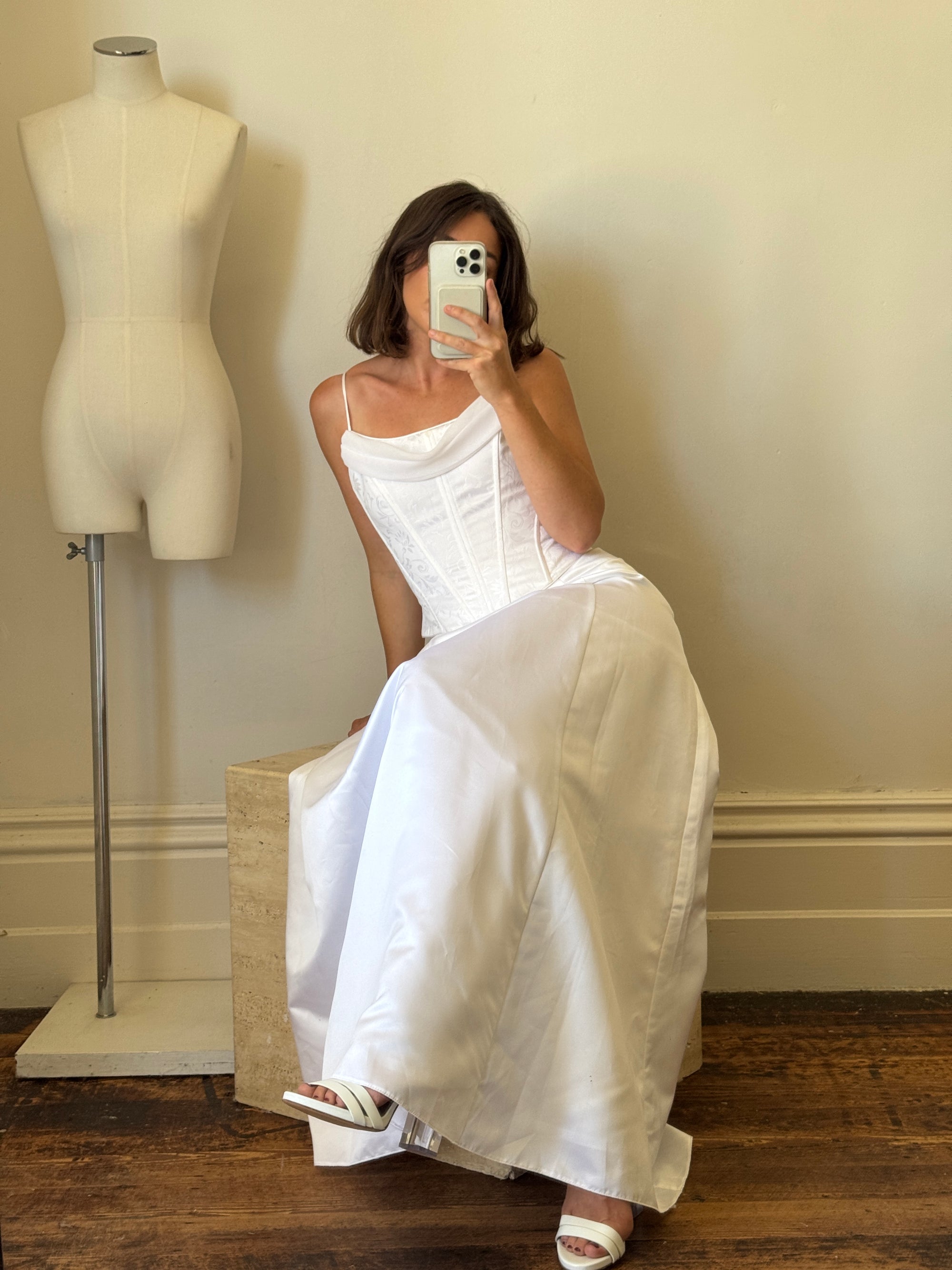 Vintage 90s Satin Jacquard Corset Wedding Dress