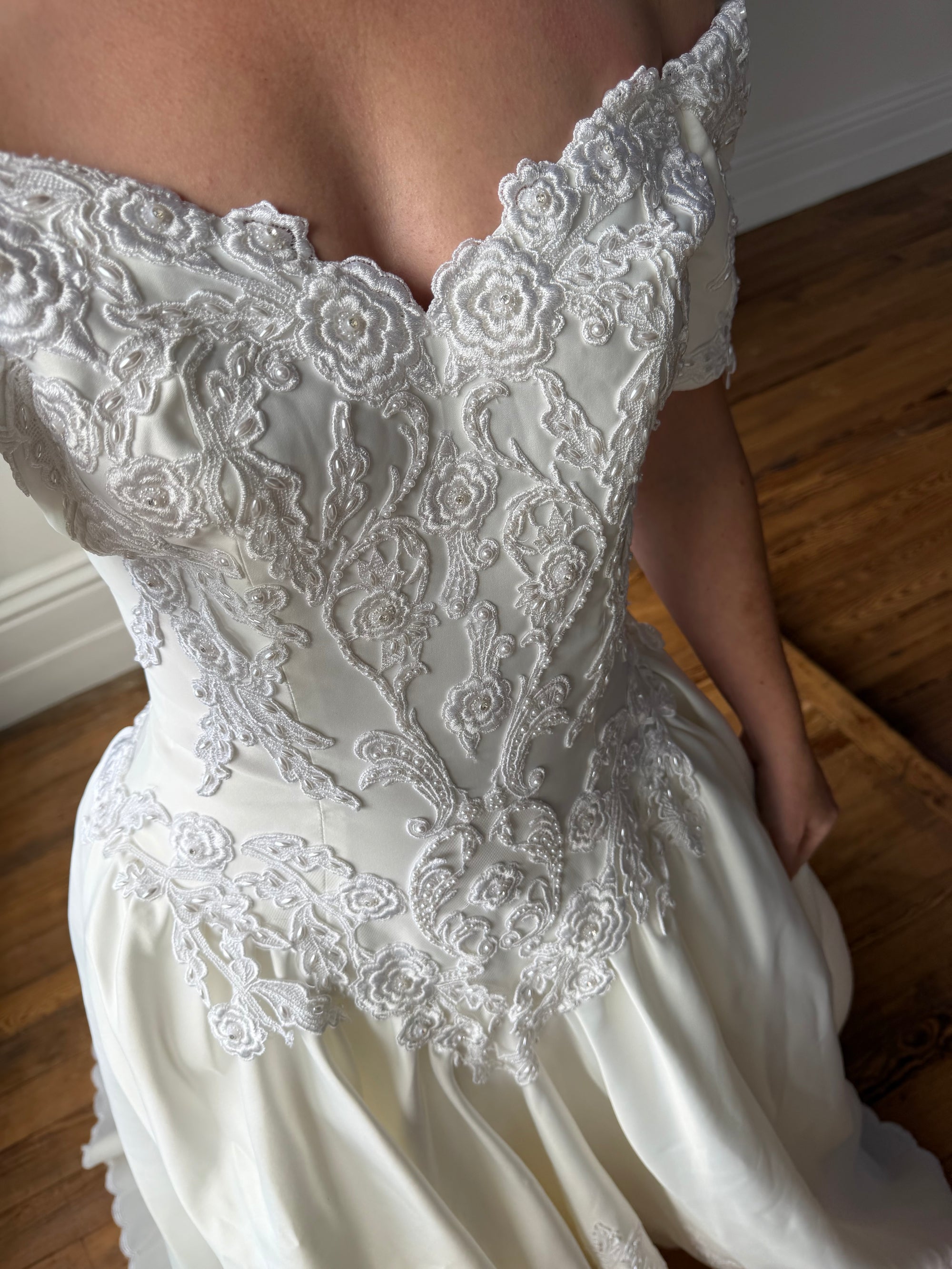 Vintage 90s Embellished Off Shoulder Satin Wedding Gown