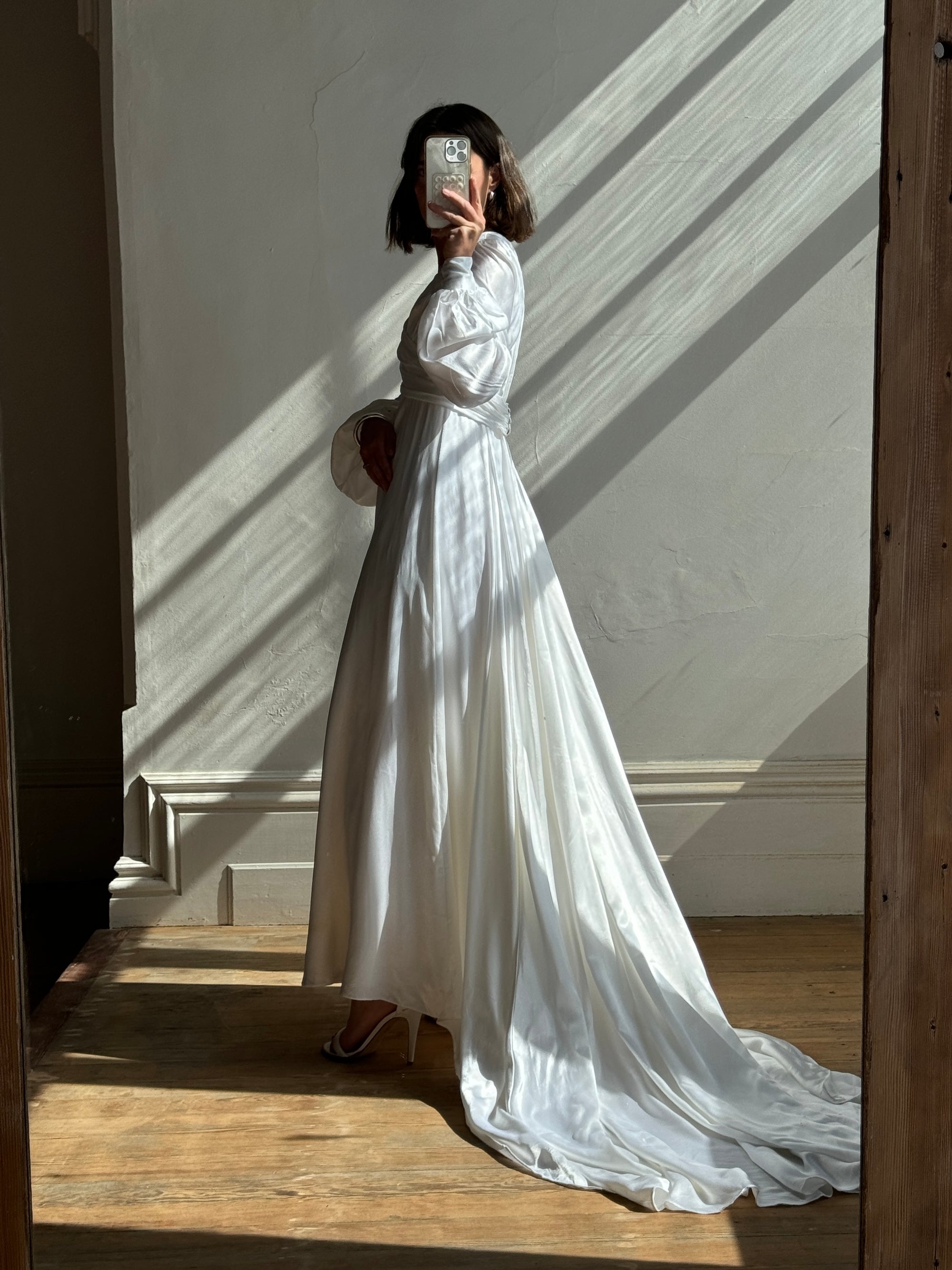 Vintage 60s Ivory Satin Draped Wedding Dress With Train