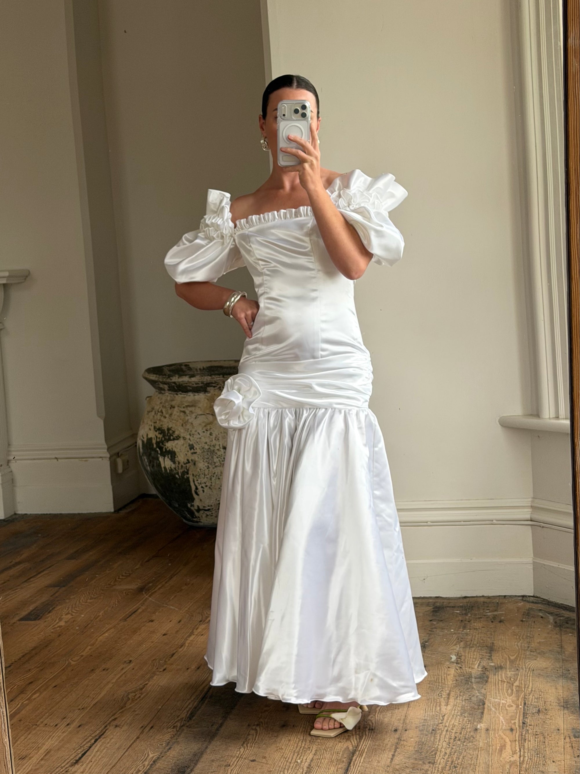 Vintage 80s Satin Drop Waist Wedding Gown