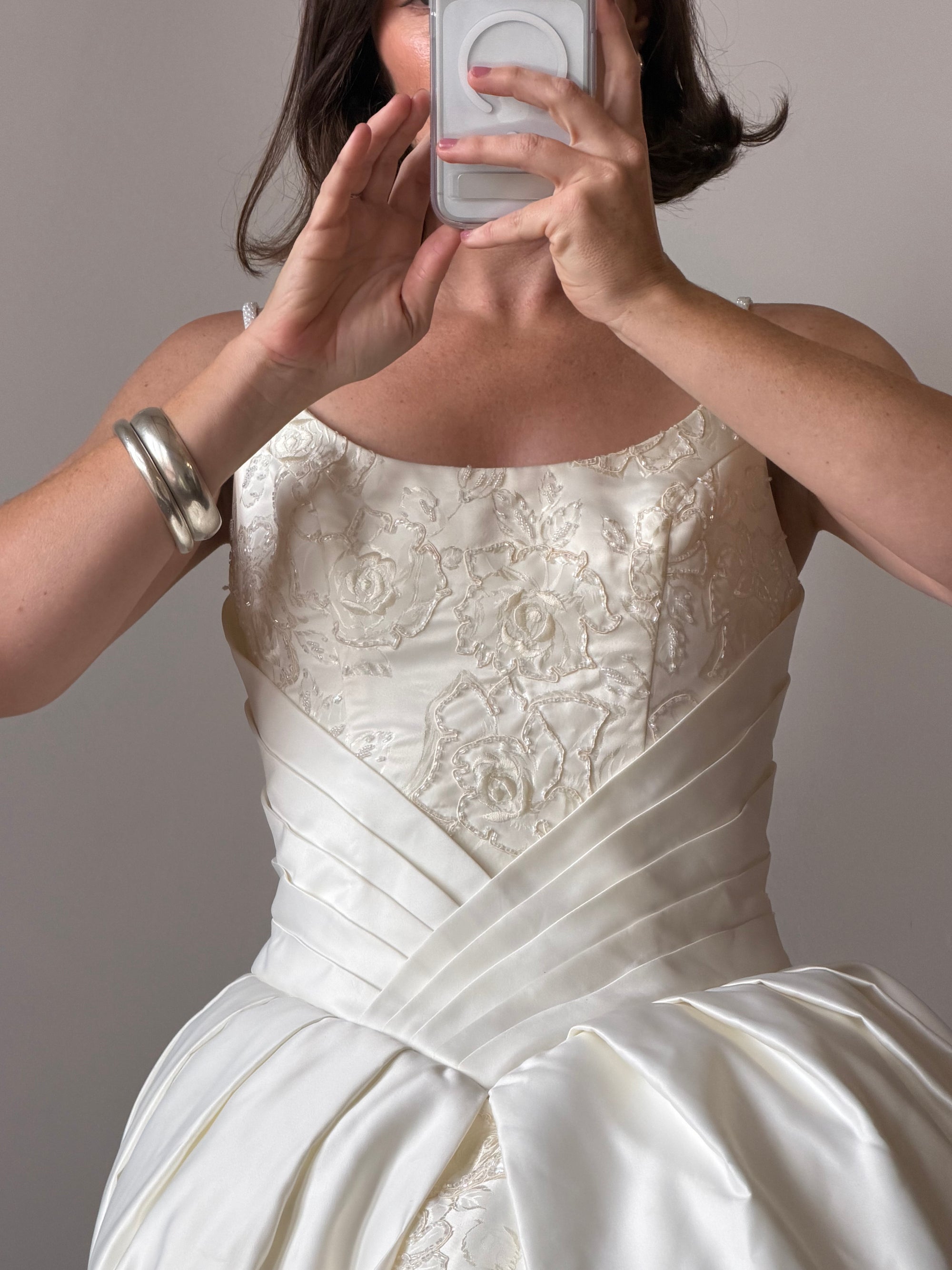 Vintage 90s Pleated Jacquard Satin Wedding Gown