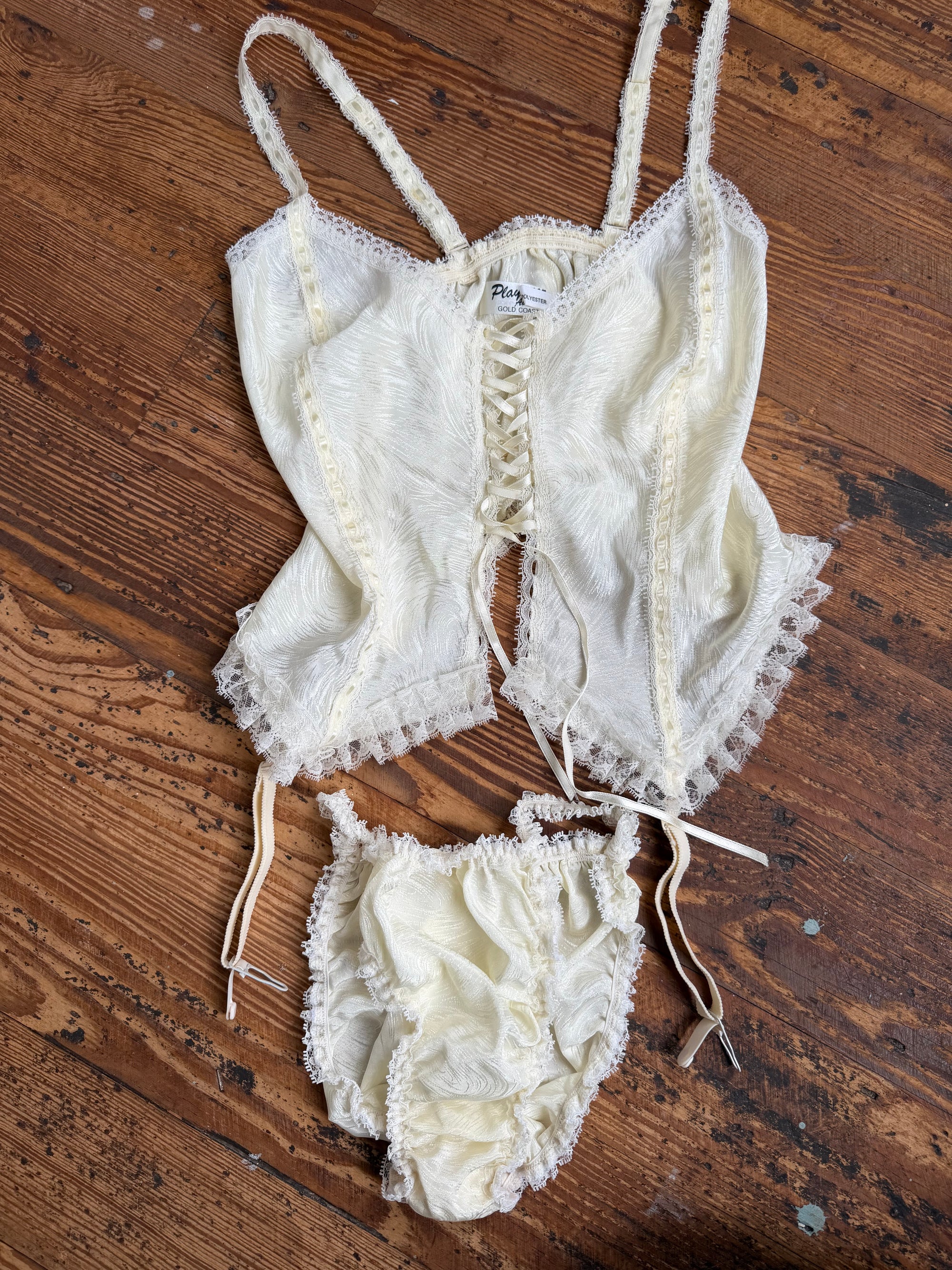 Vintage 90s Deadstock Lace Up Cream Scrunch Lingerie Set