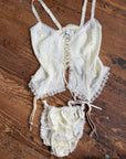 Vintage 90s Deadstock Lace Up Cream Scrunch Lingerie Set