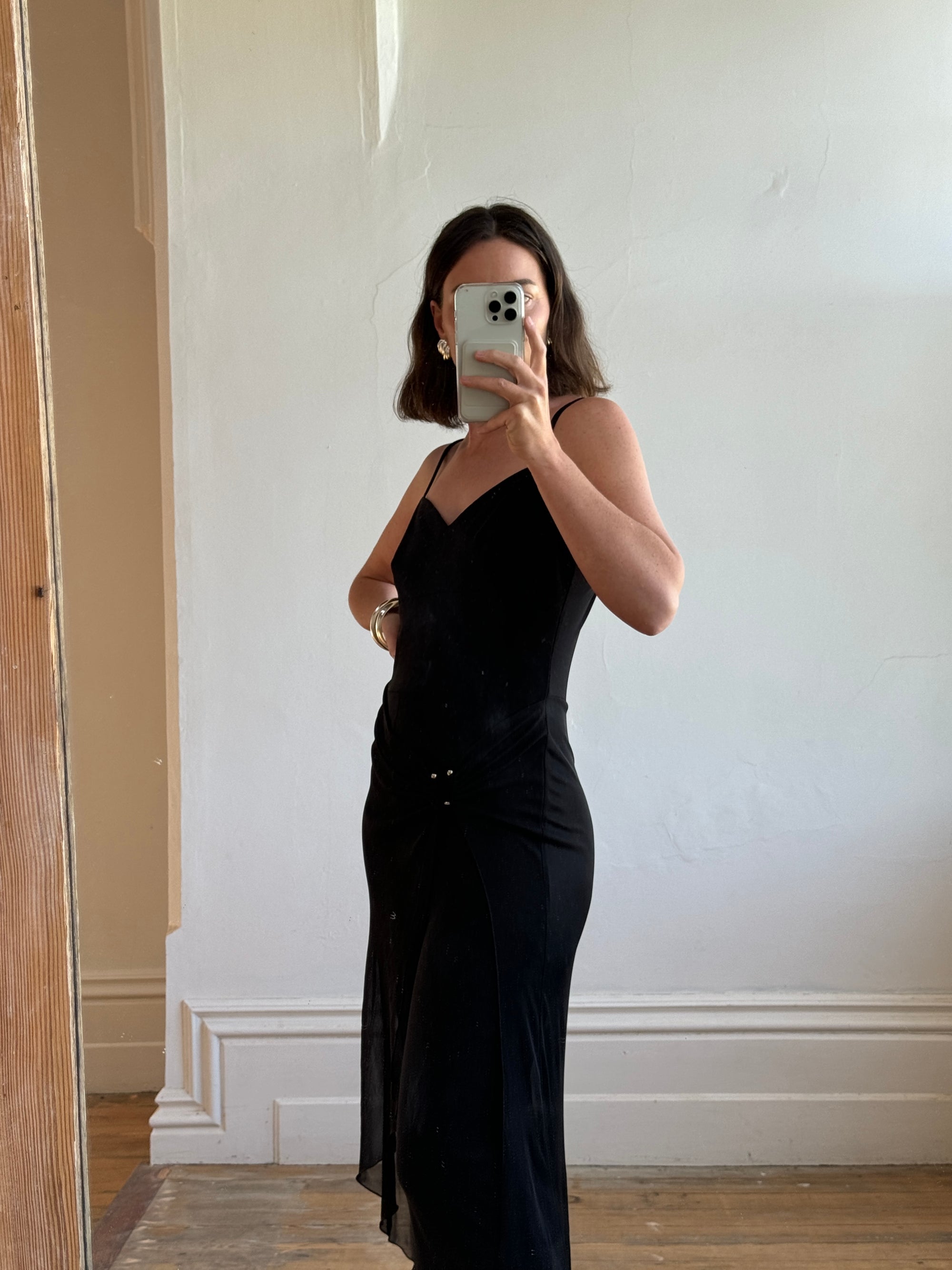 Vintage 90s Strappy Pantsuit with Sheer Skirt Overlay Noir