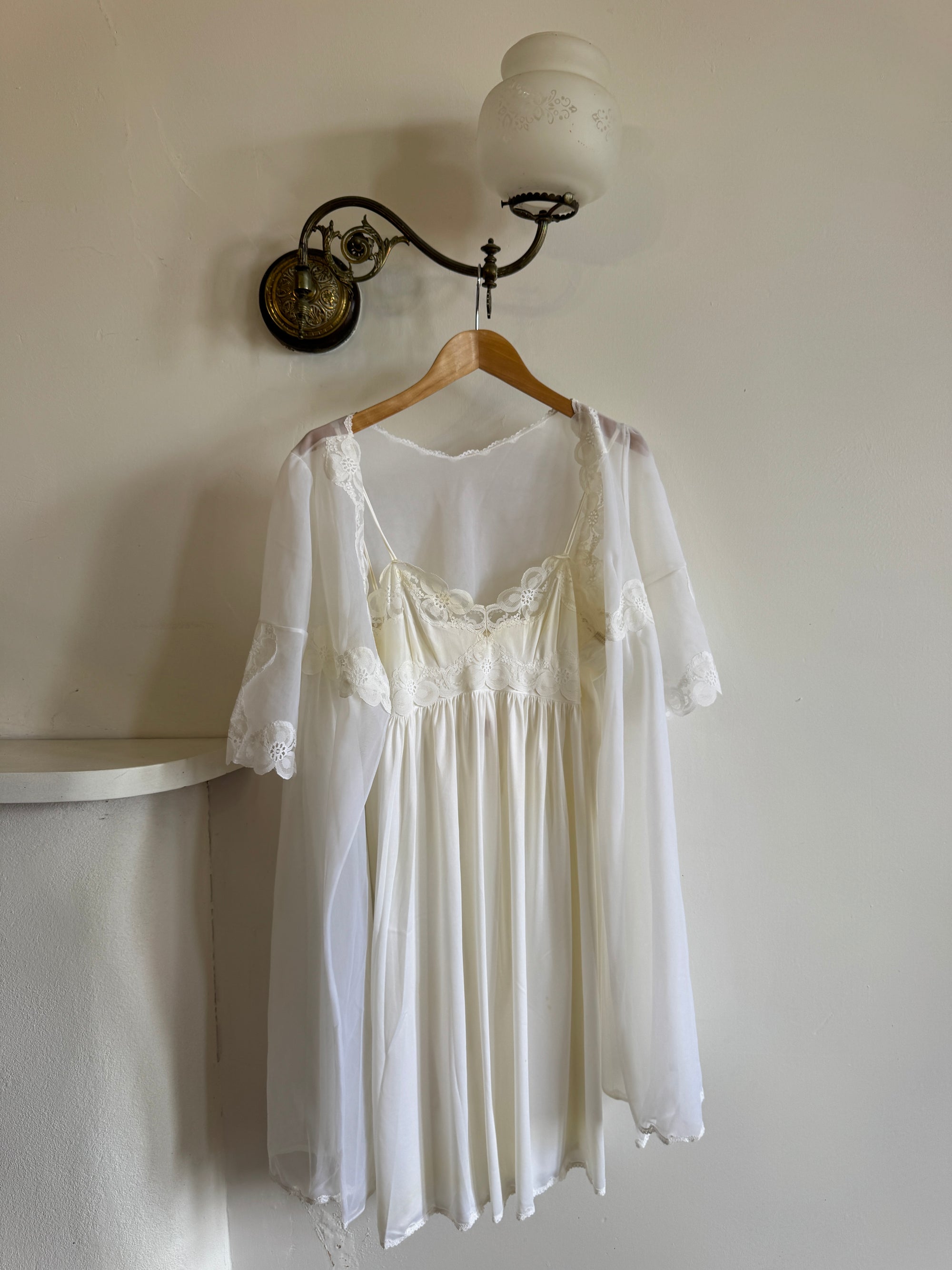 Vintage 80s Wedding Morning Lace Peignoir and Slip Set