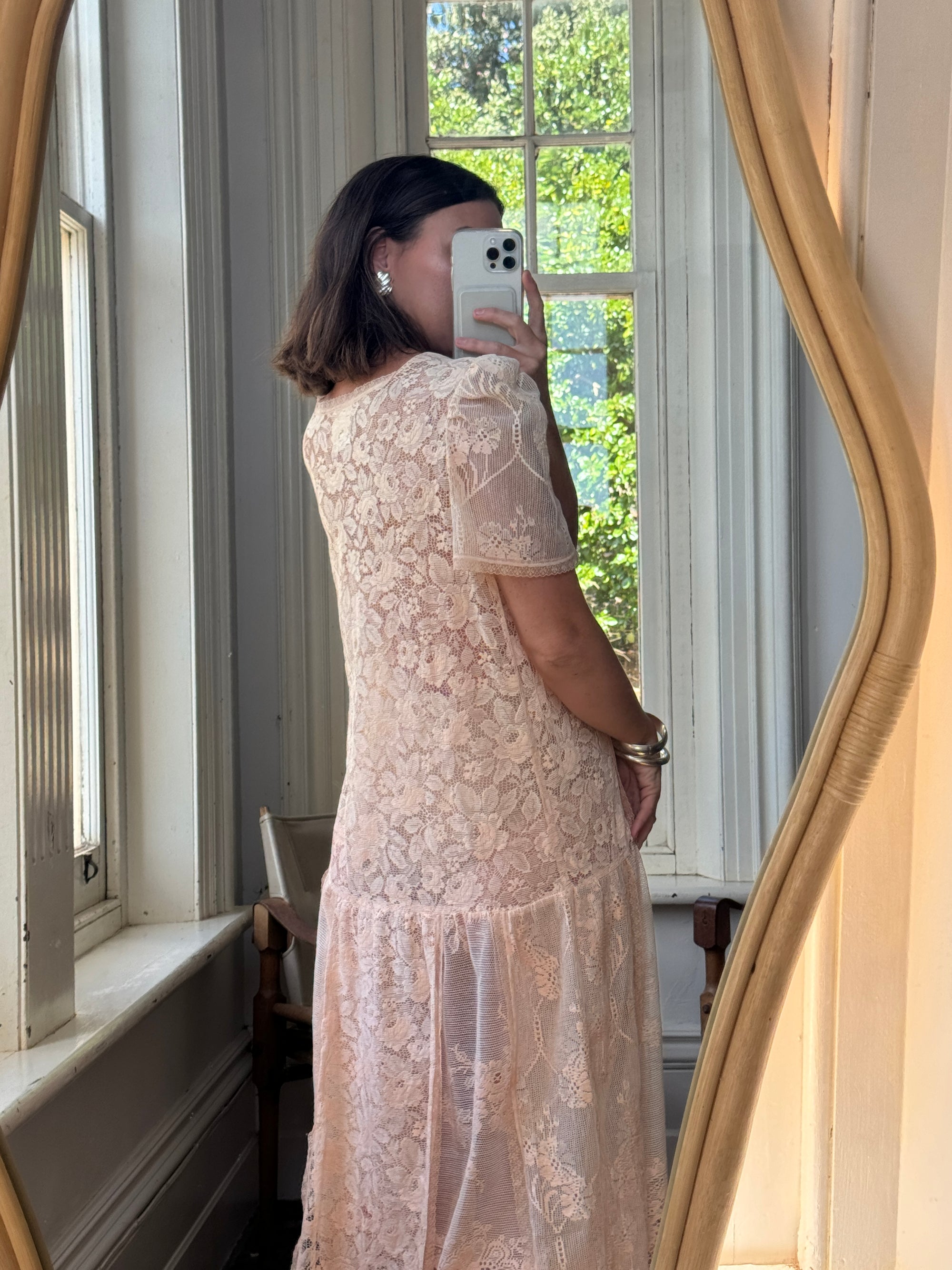 Vintage 70s Peach Cotton Lace Drop Waist Dress