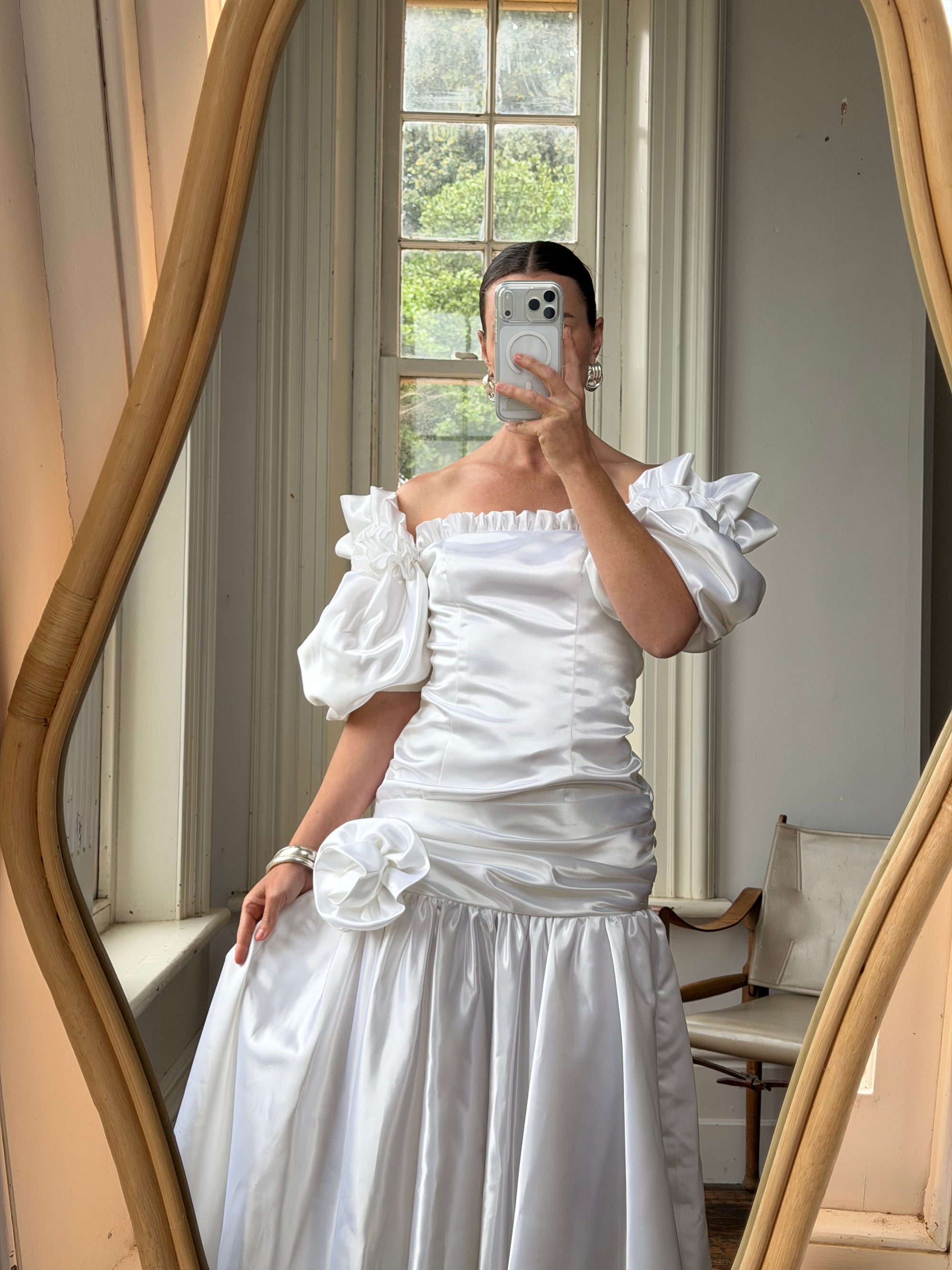 Vintage 80s Satin Drop Waist Wedding Gown