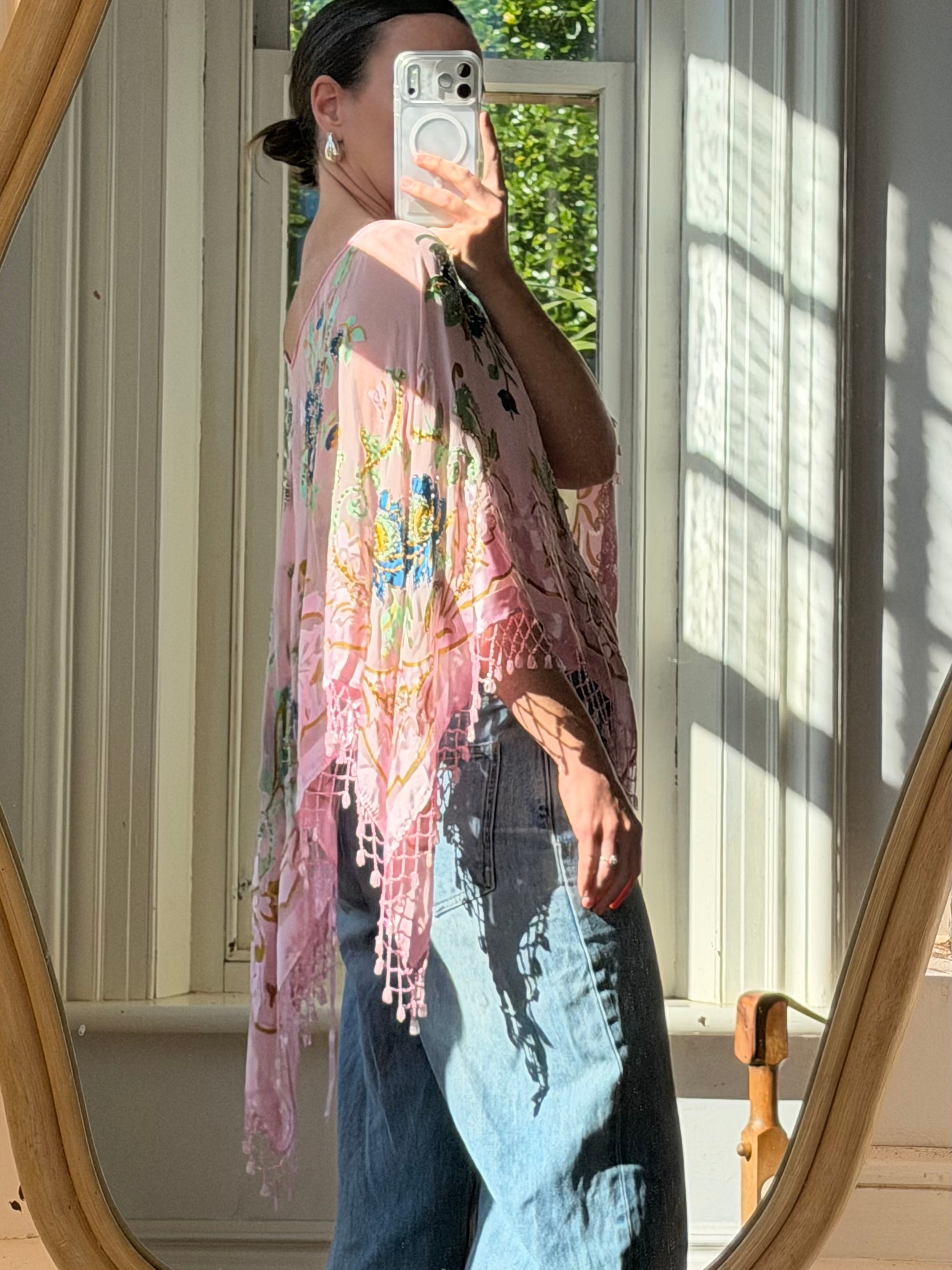 Vintage 90s Pink Floral Beaded Fringe Poncho