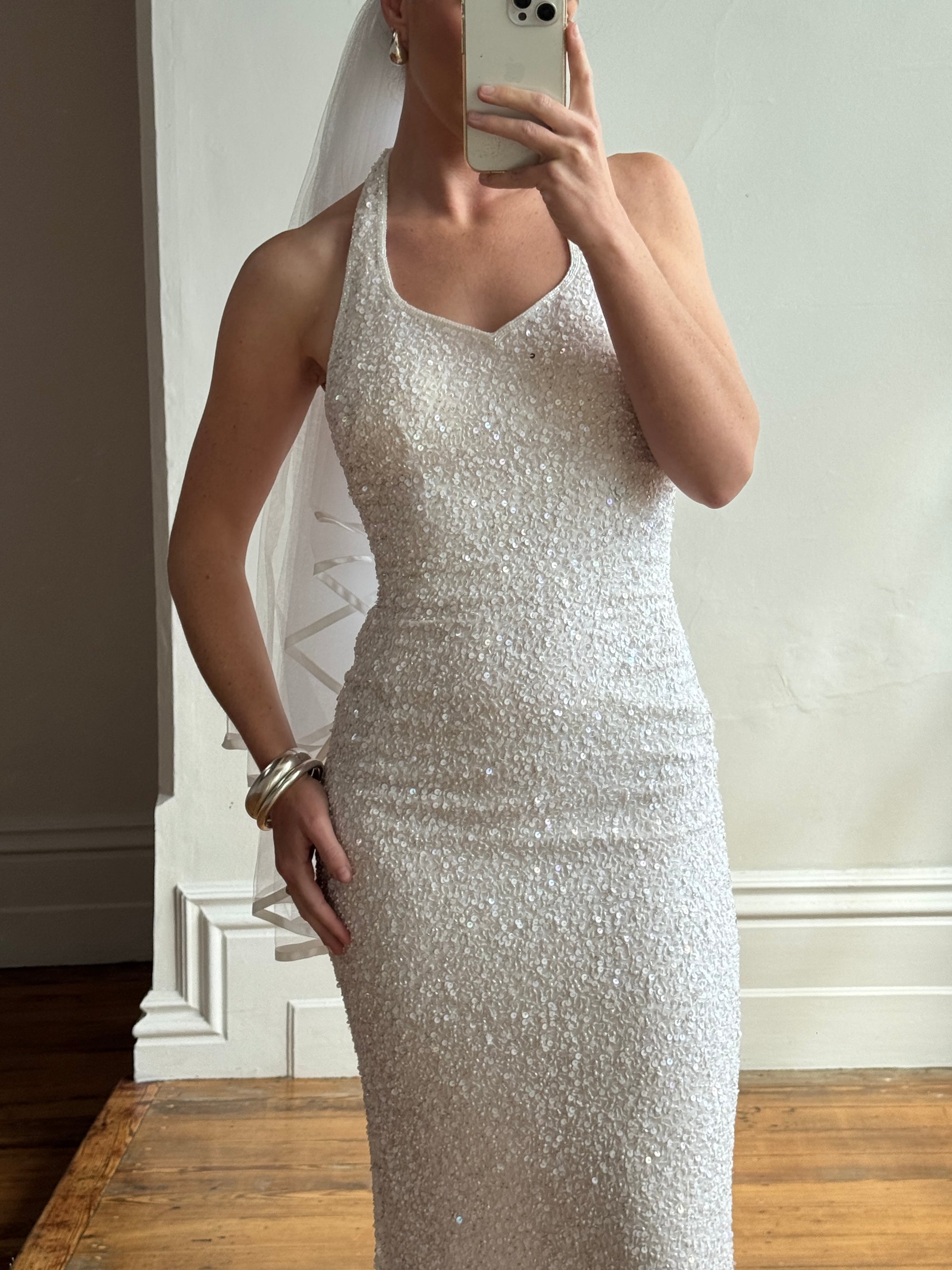 Vintage 90s Sequin Embellished Halter Bodycon Midi Dress White Call Me The Breeze Vintage 90s Sequin Embellished Halter Bodycon Midi Dress White Call Me The Breeze