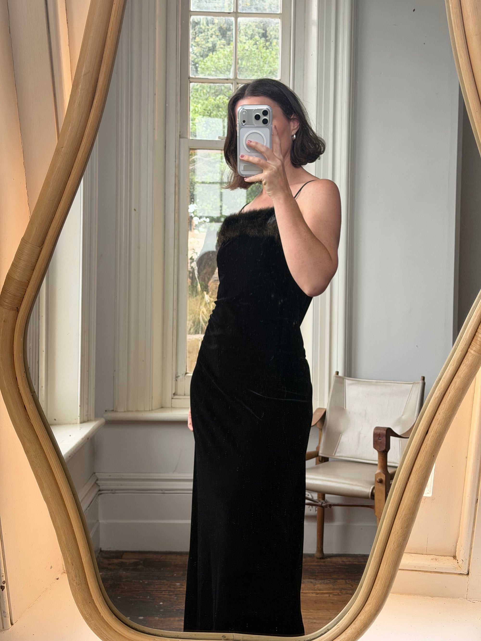Vintage 90s Velvet Bodycon Maxi Dress with Fur Trim