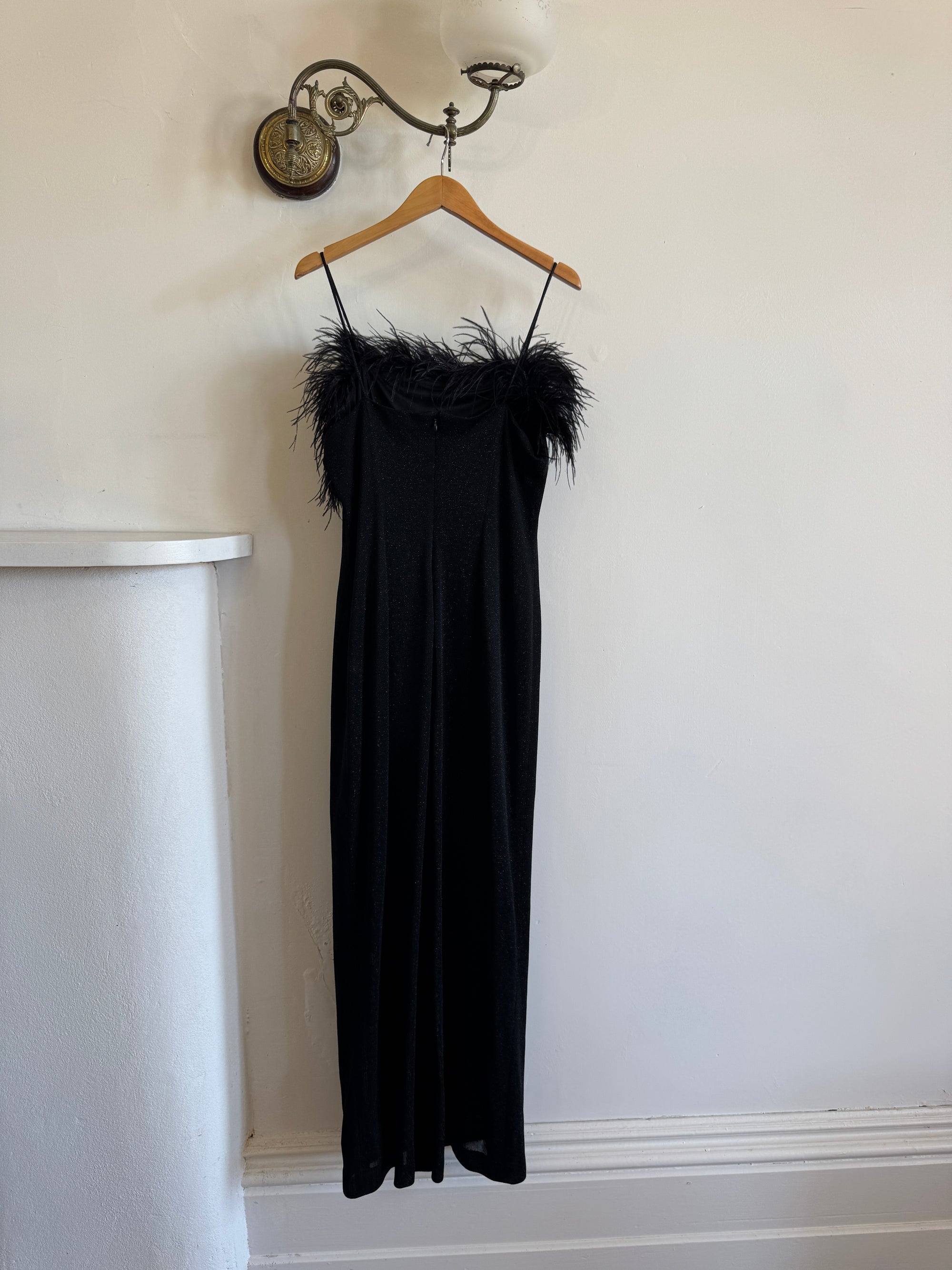 Vintage 90s Lurex Ostrich Feather Dress Noir