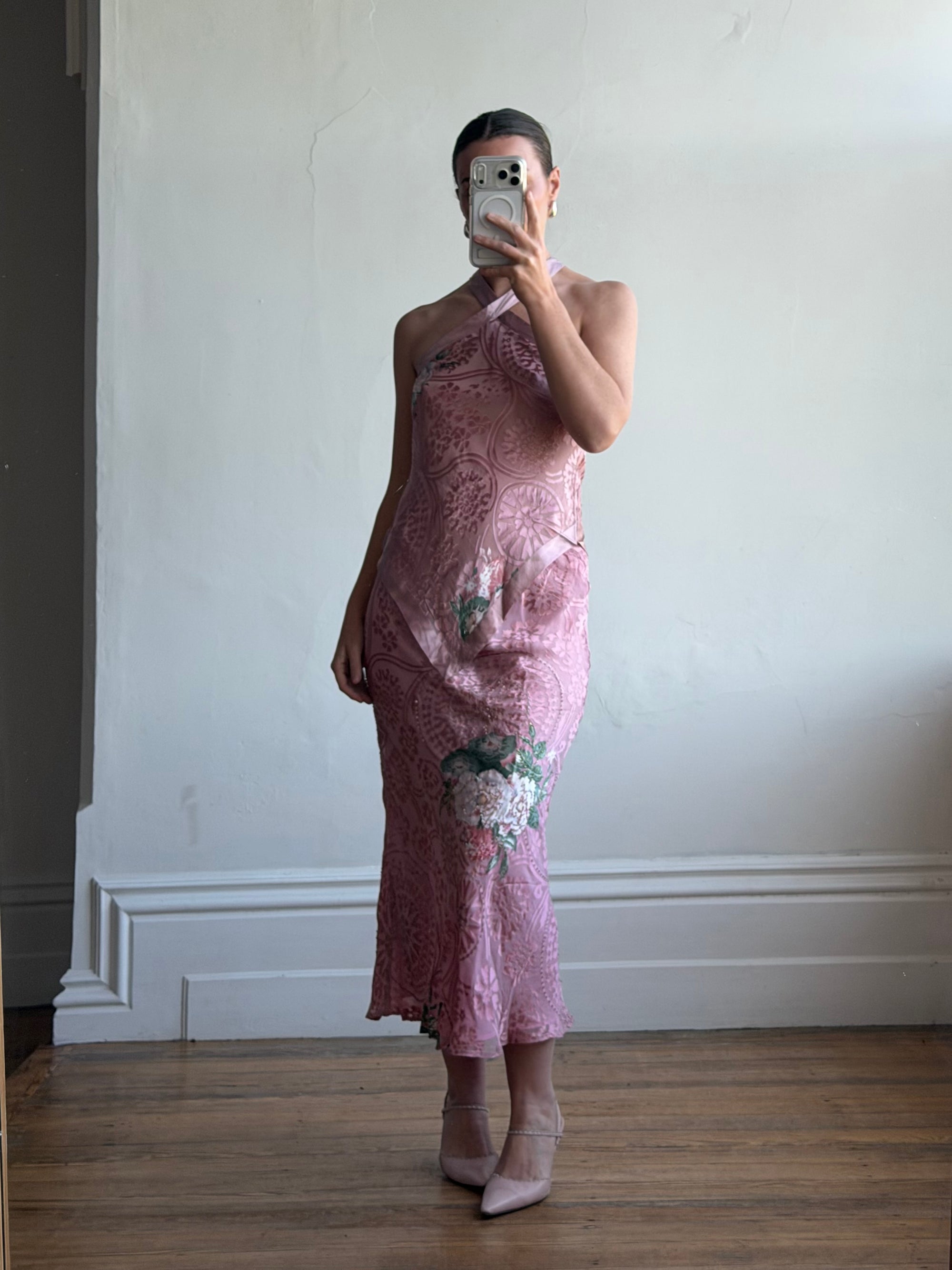 Vintage 90s Dusty Rose Floral Silk Halter Scarf Top and Skirt Set