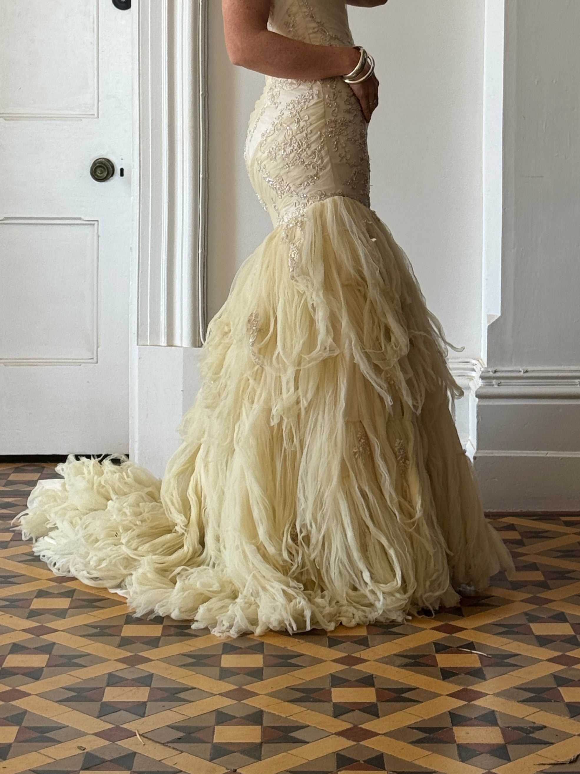 Vintage 90s Fishtail Beaded Tulle Wedding Gown Champagne