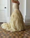 Vintage 90s Fishtail Beaded Tulle Wedding Gown Champagne