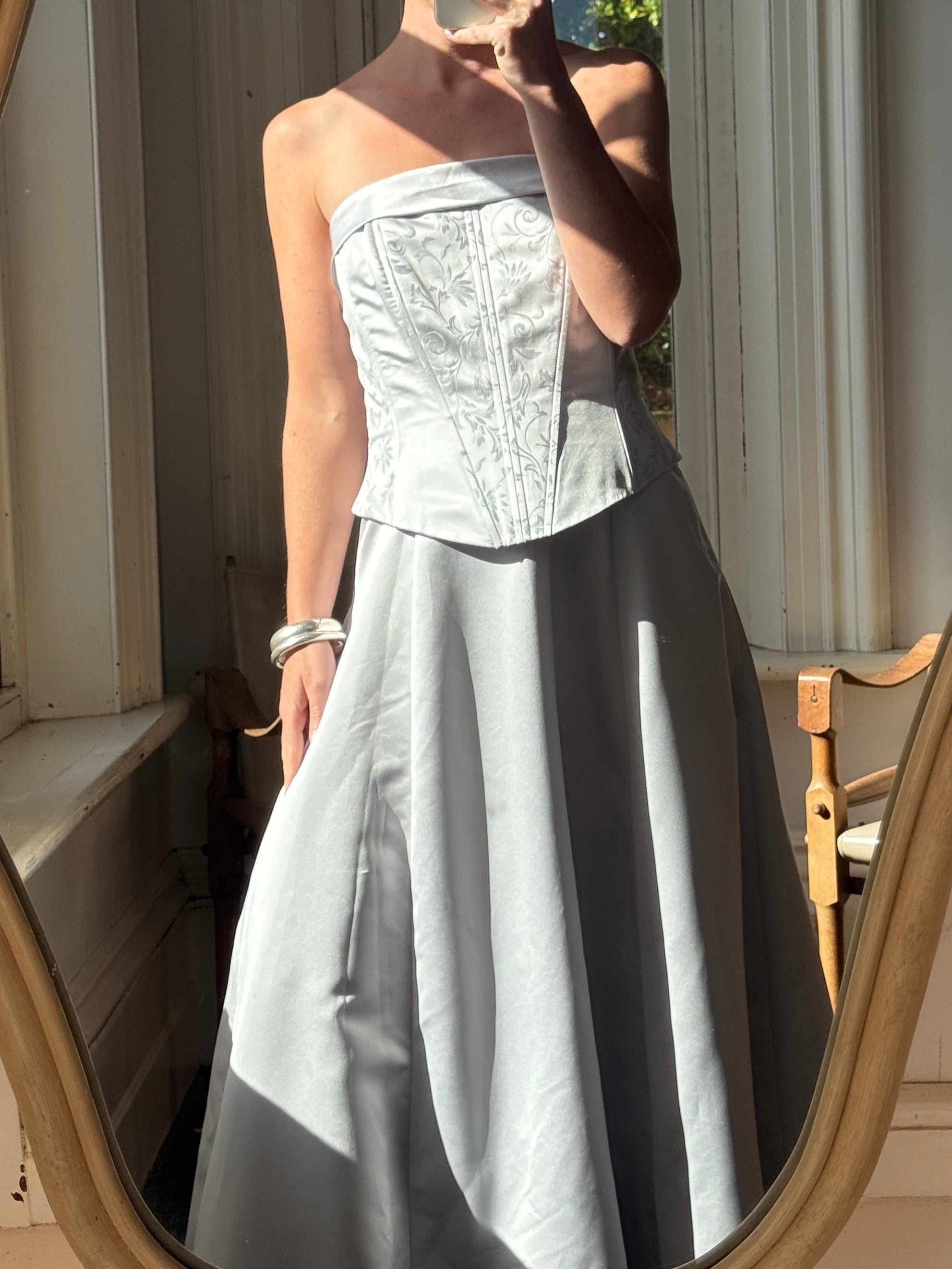 Vintage 90s Jacquard Corset Satin Dress Ice Blue