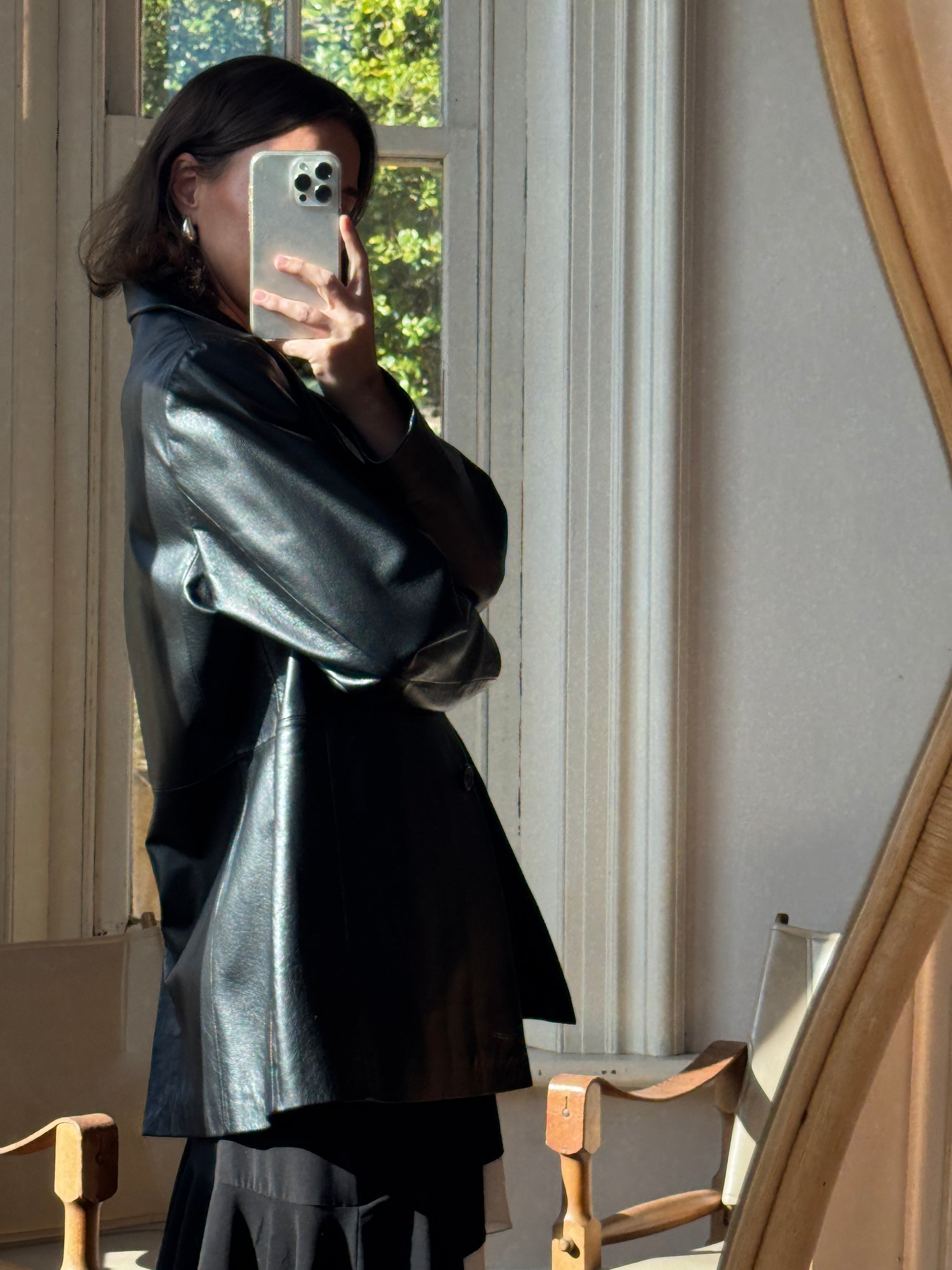 Vintage 90s Leather Mid Length Trench Noir