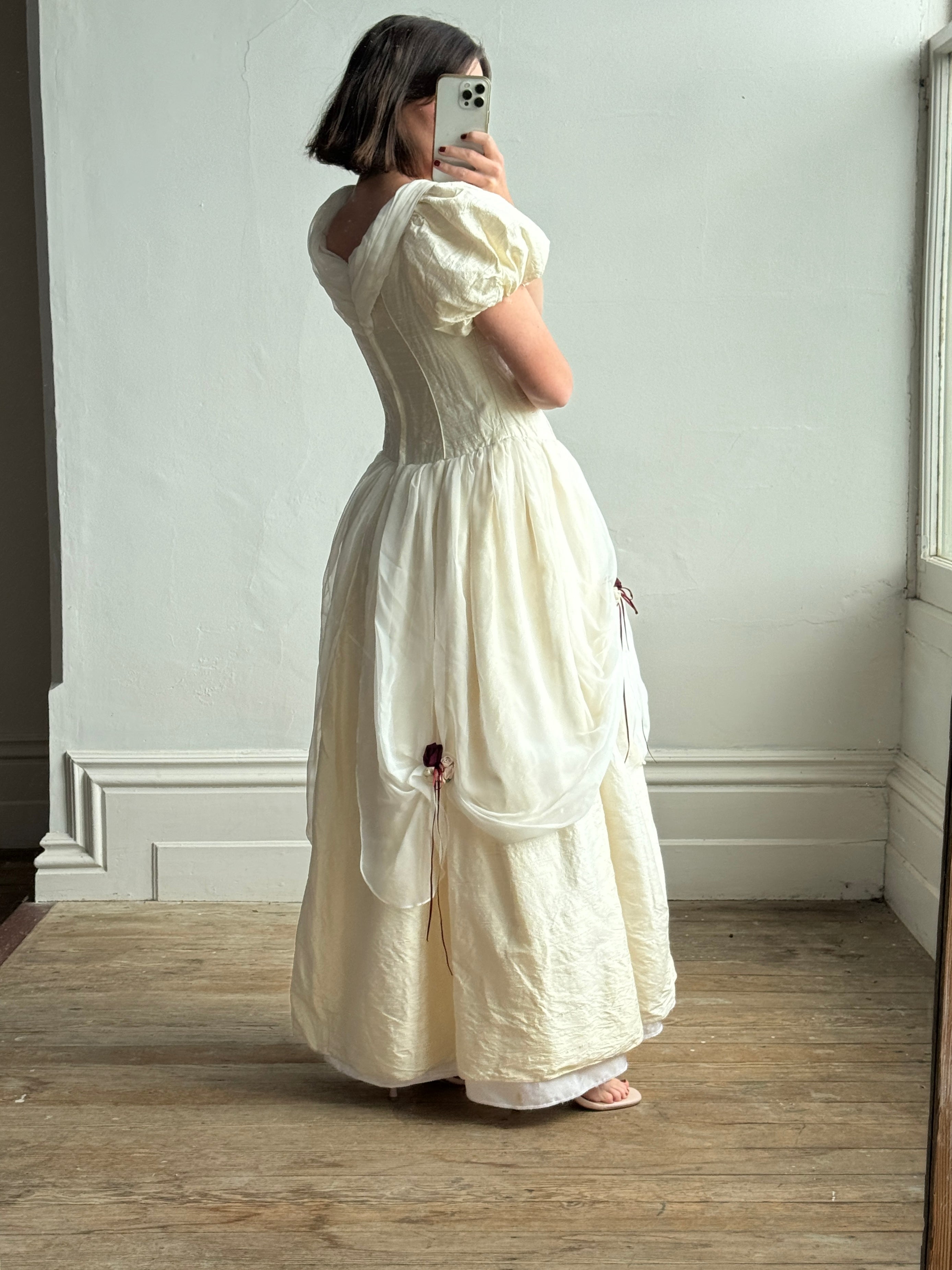 Vintage Silk Puff Sleeve Wedding Dress with Chiffon and Roses