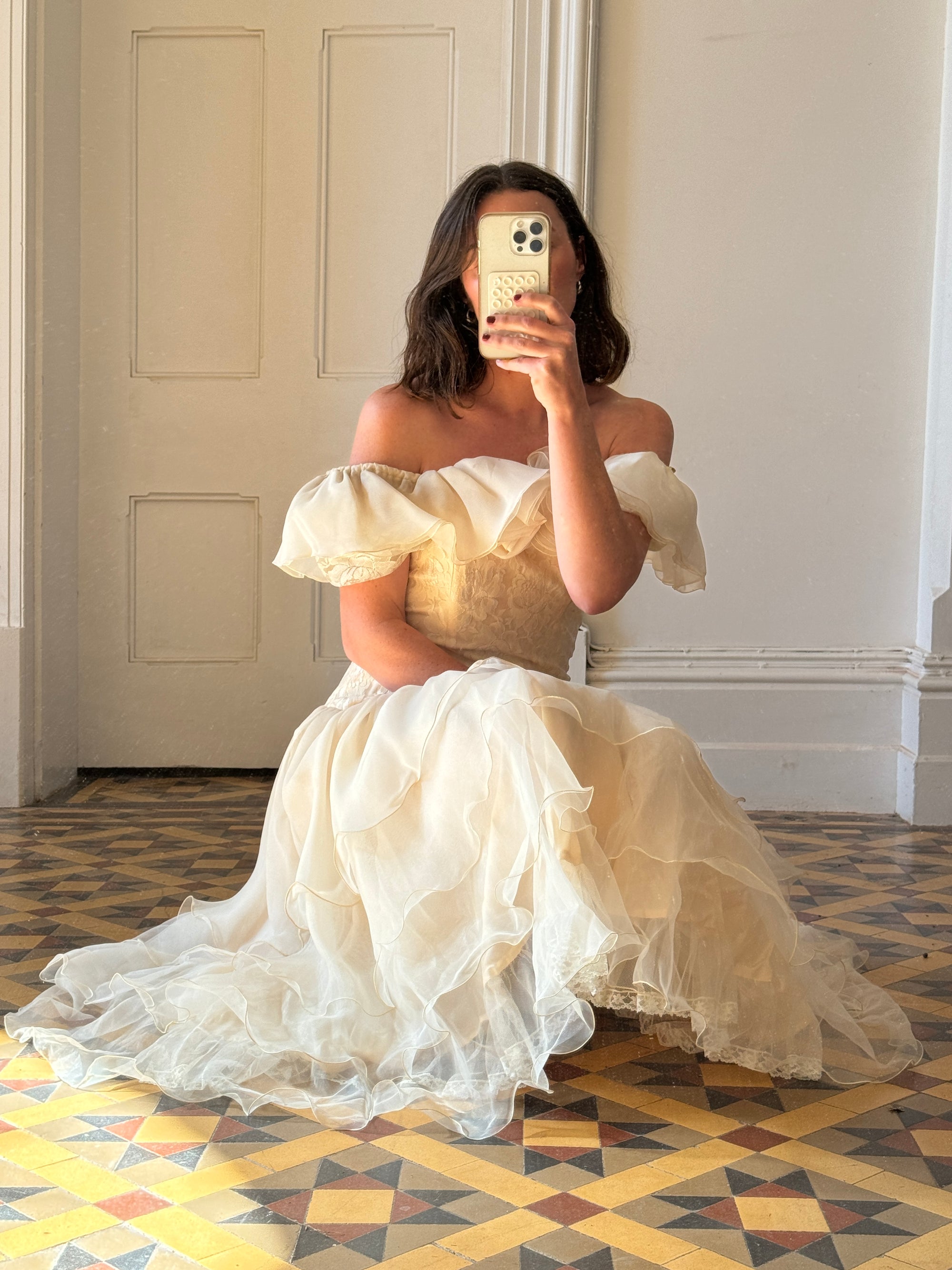 Vintage Drop Waist Frou Frou Wedding Dress Creme