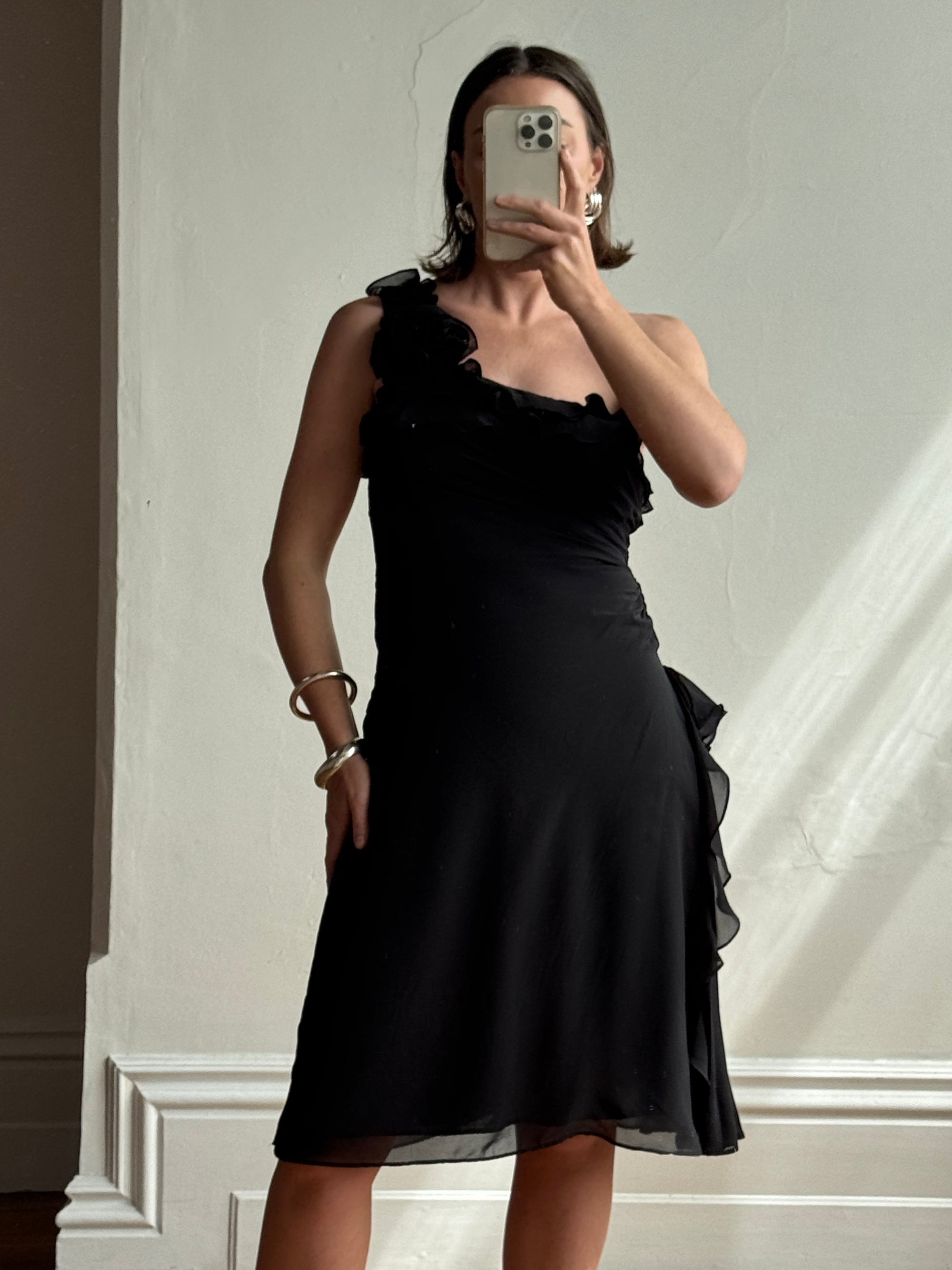 Vintage 90s One Shoulder Ruffle Jersey Dress Noir Call Me The Breeze Vintage 90s One Shoulder Ruffle Jersey Dress Noir Call Me The Breeze