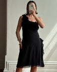 Vintage 90s One Shoulder Ruffle Jersey Dress Noir