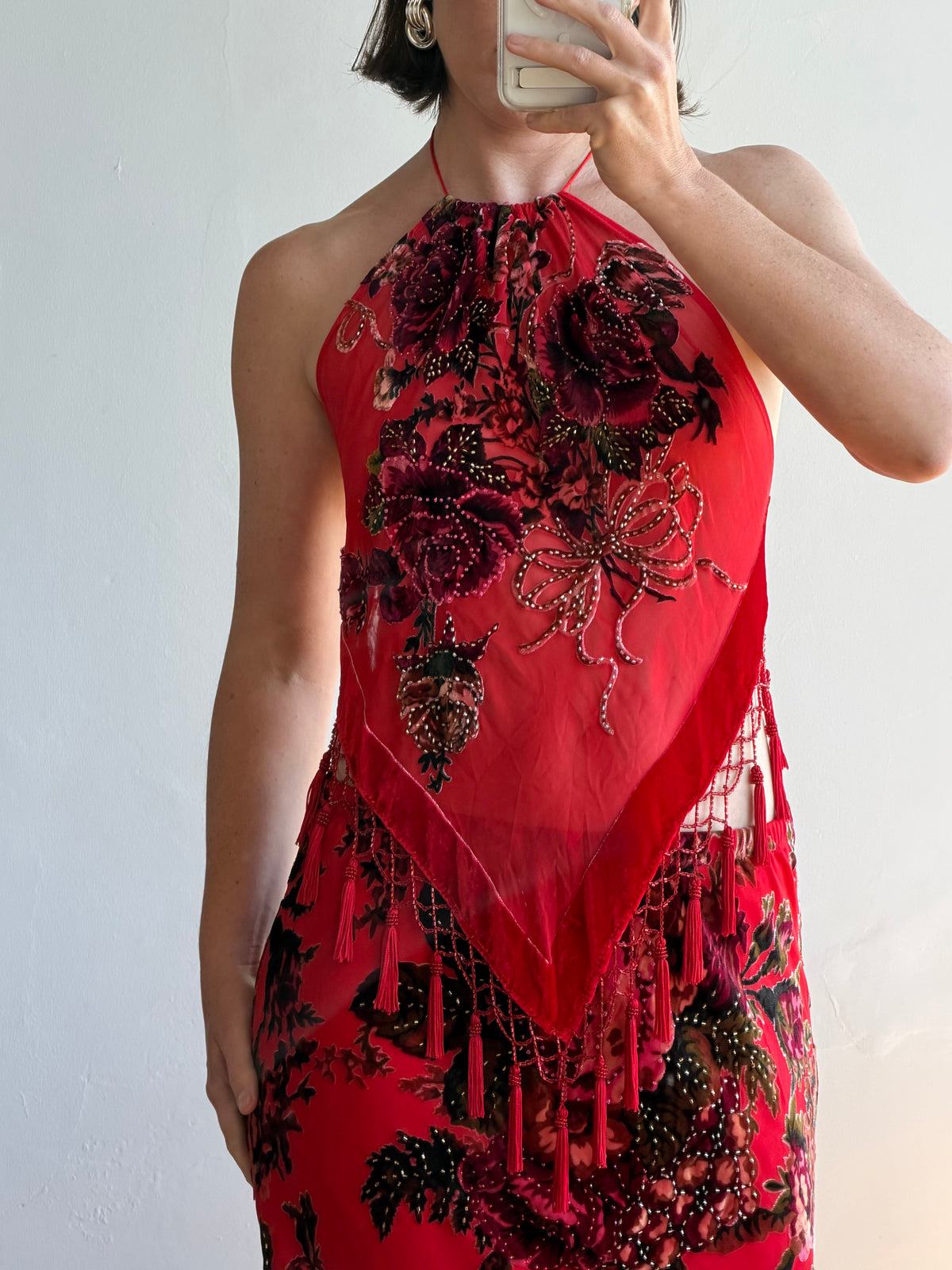 Vintage Y2K Burnt Velvet Beaded Fringe Halter and Skirt Set Crimson