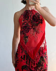 Vintage Y2K Burnt Velvet Beaded Fringe Halter and Skirt Set Crimson