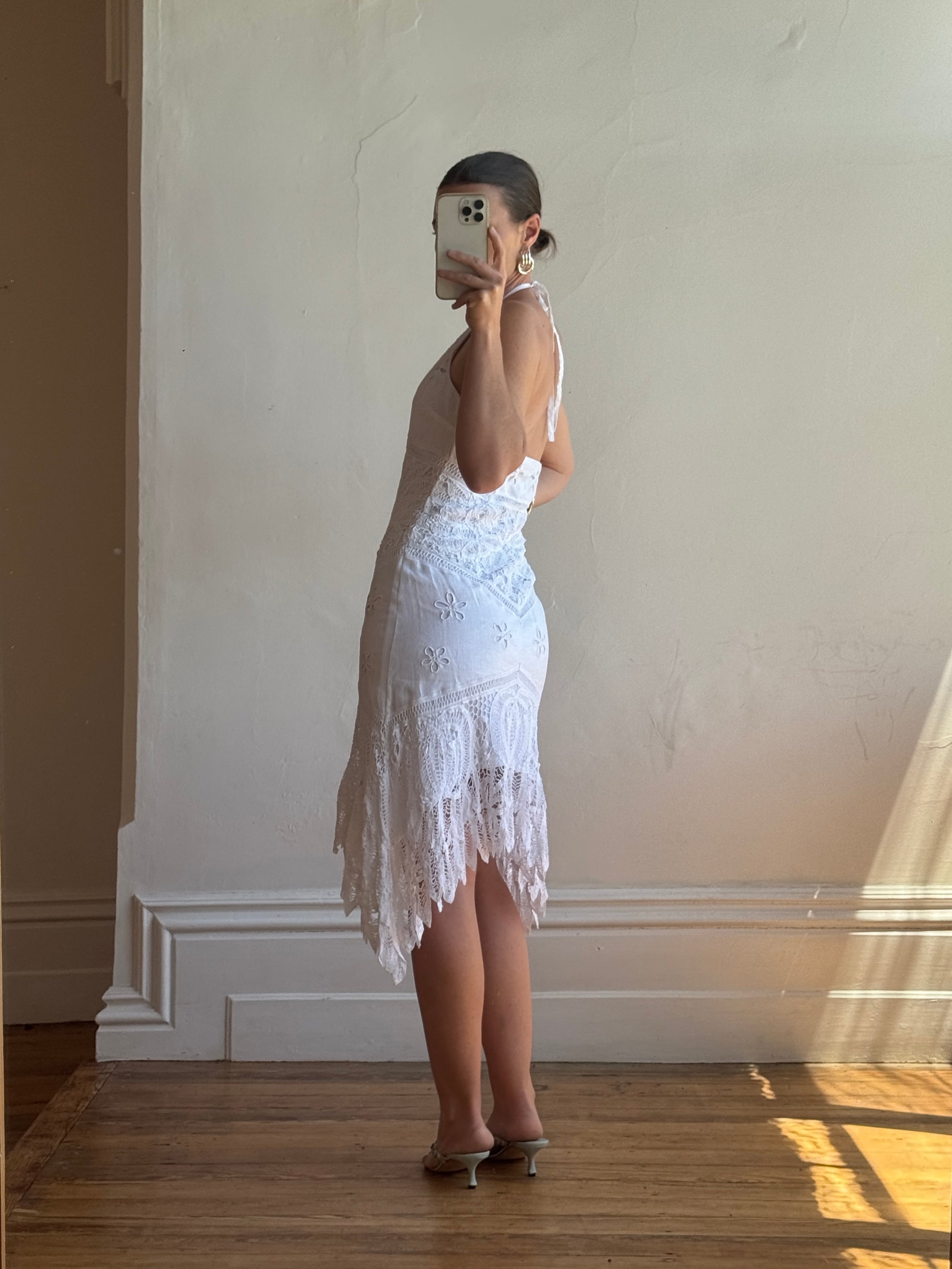 Vintage 90s Crochet Linen Handkerchief Halter Dress