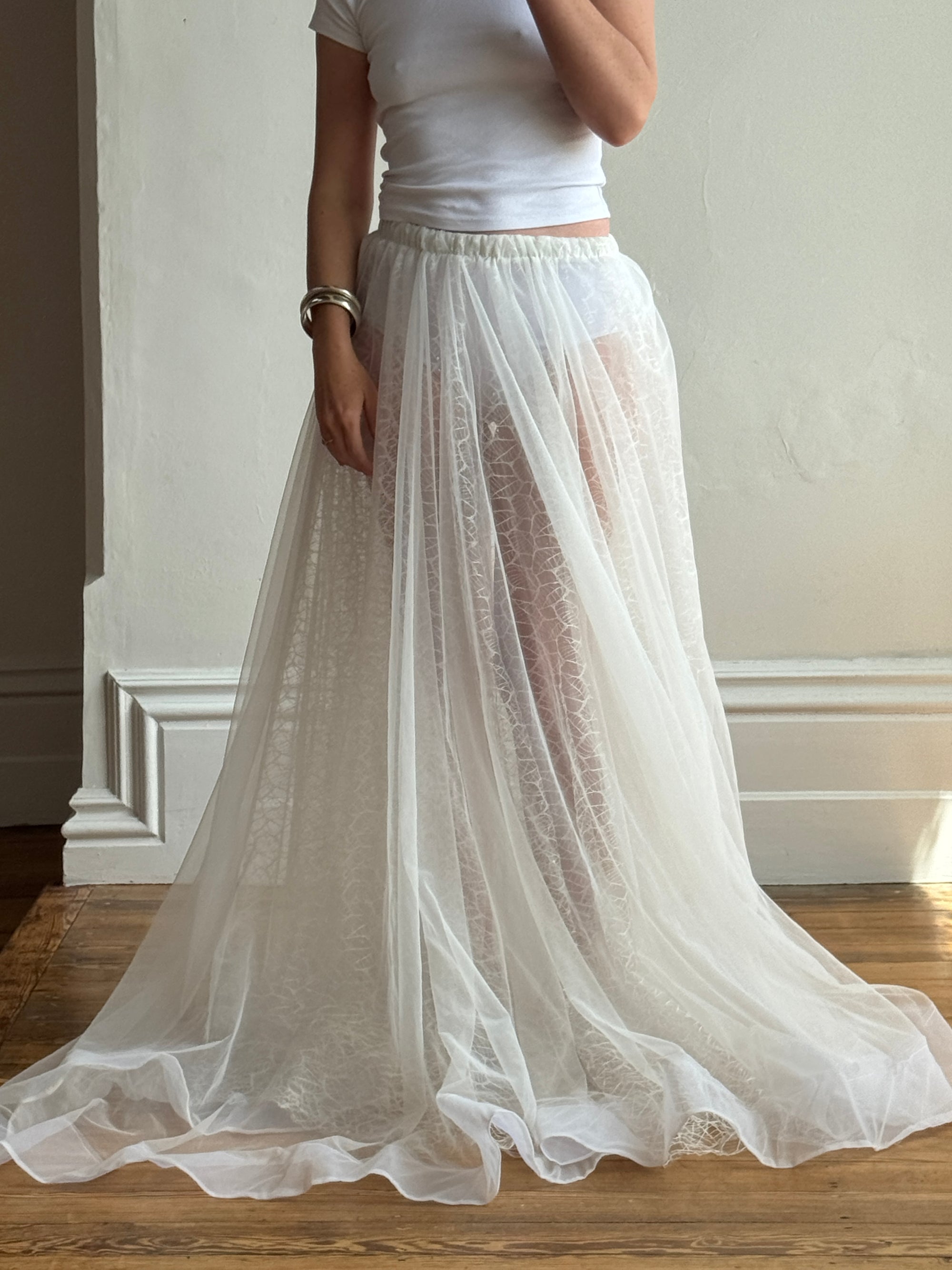 Vintage 80s Sheer Organza Webbed Lace Bridal Skirt