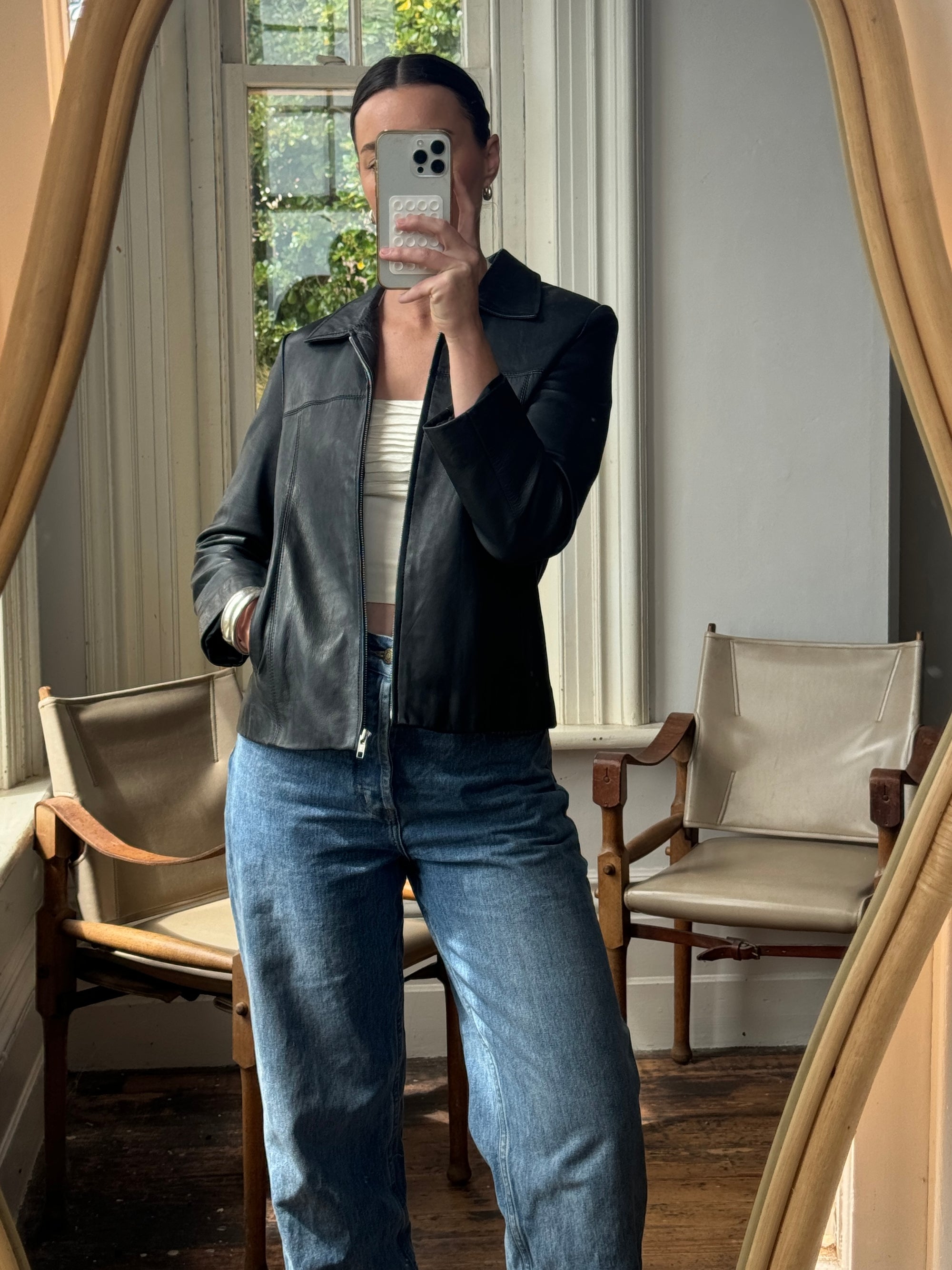 Vintage 90s Zip Front Leather Jacket Noir