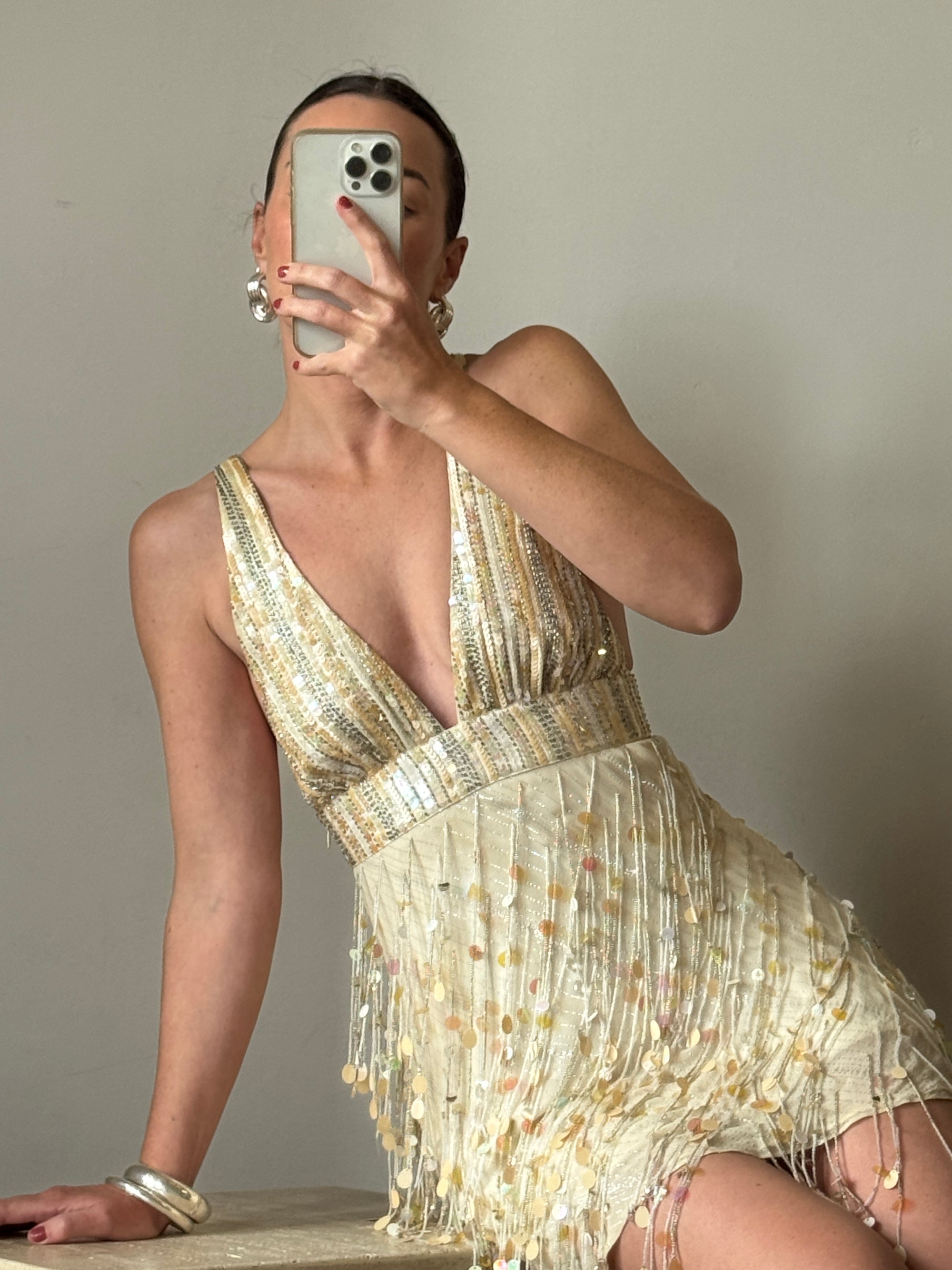 Vintage Y2K Pure Silk Sequin Tassel Disco Dress