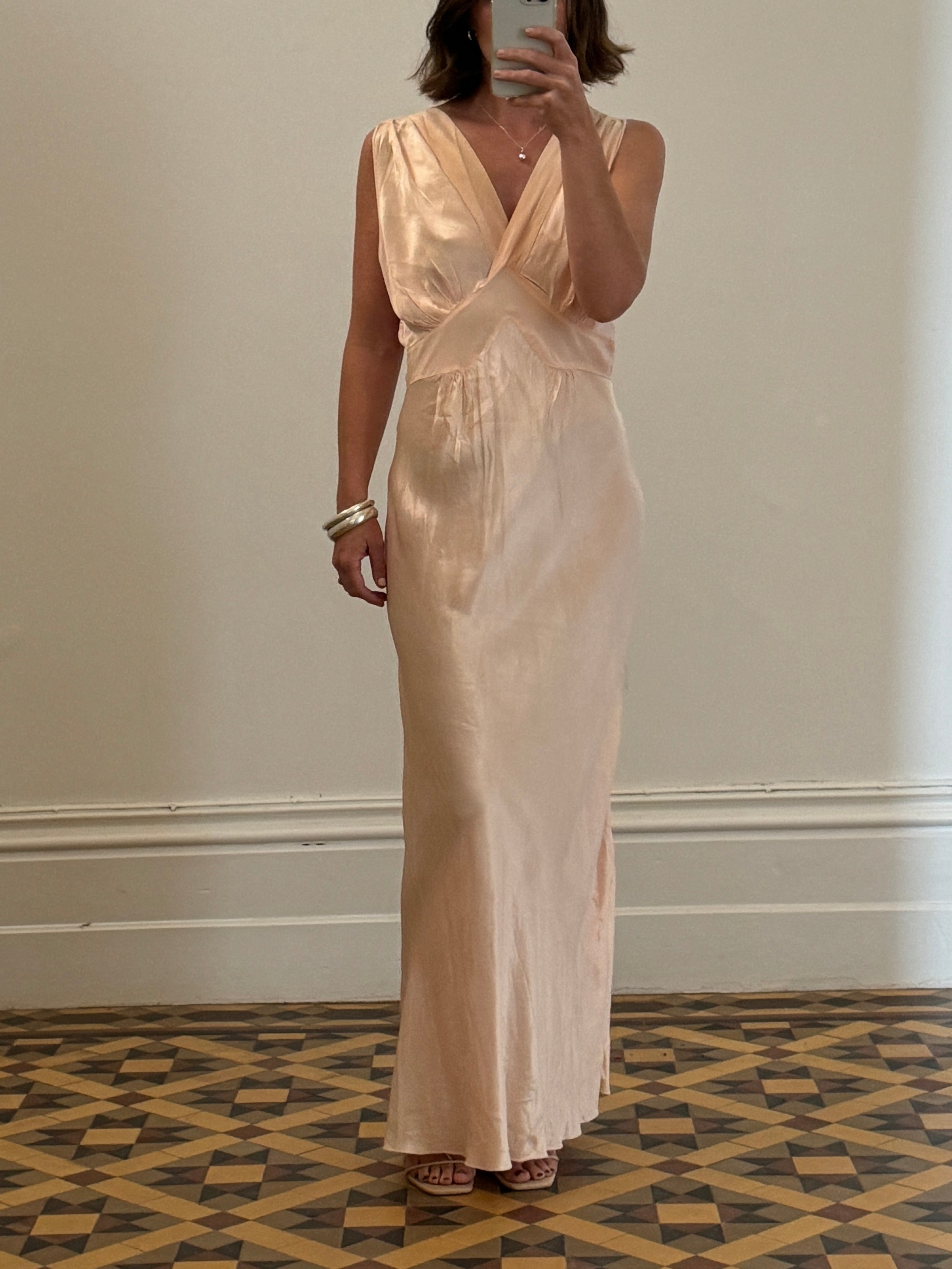 Vintage Liquid Satin V Neck Slip Dress Peach