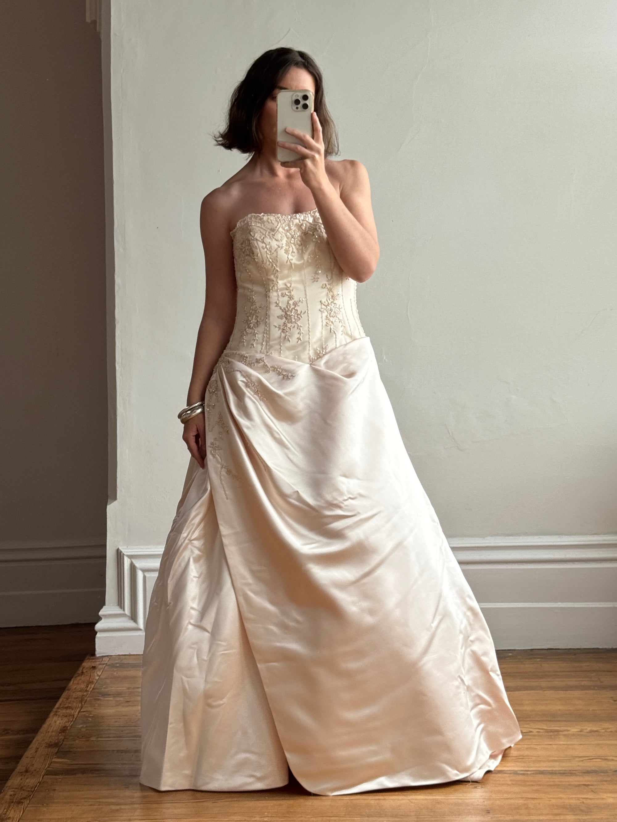 Vintage 90s Rose Crystal Encrusted Strapless Wedding Gown