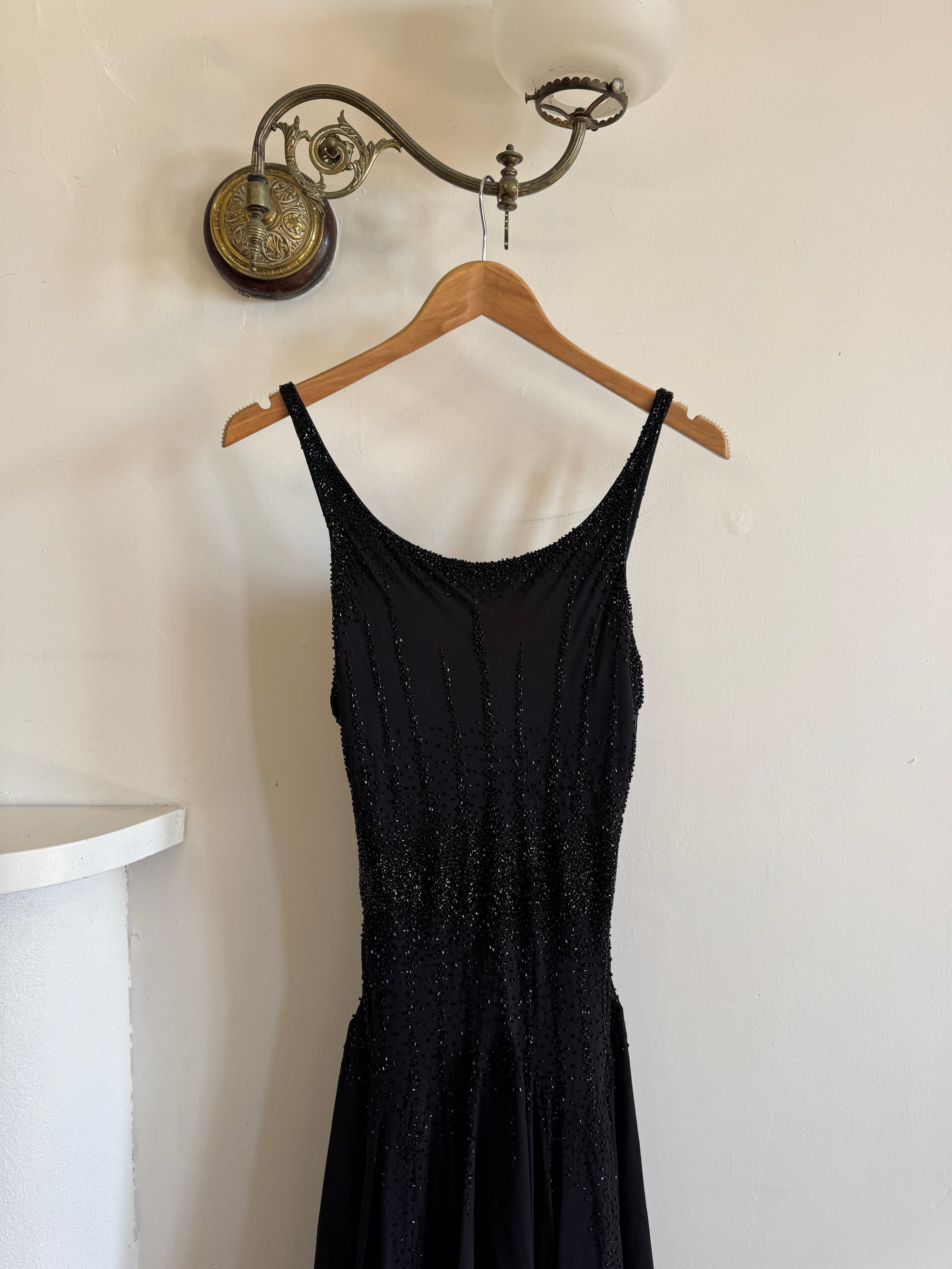 Vintage 90s Pure Silk Backless Beaded Fairy Dress Noir