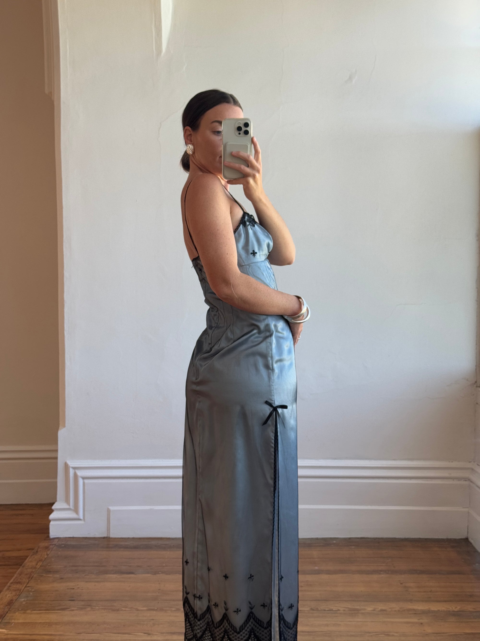 Vintage 90s Mesh Strappy Slip Dress Blue Satin Noir
