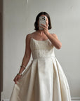 Vintage 90s Crystal Gathered Princess Satin Wedding Gown